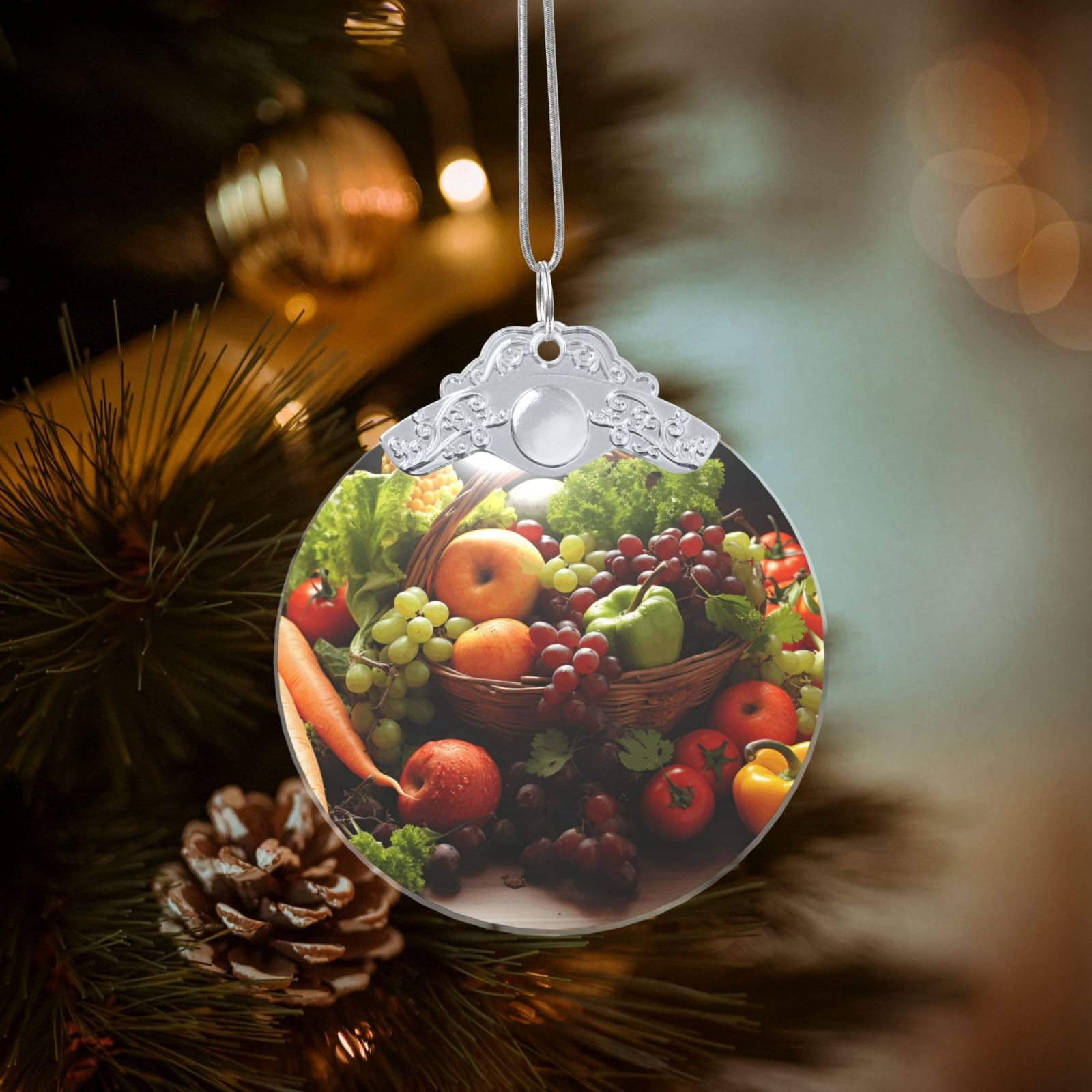 Crystal Christmas Ornaments for Christmas Tree Decoration Hanging Colorful Various Vegetables Ornament with Gold Ribbon Crafts Round Pendant for Keepsake Gifts Glass Xmas Decor Party Supplies