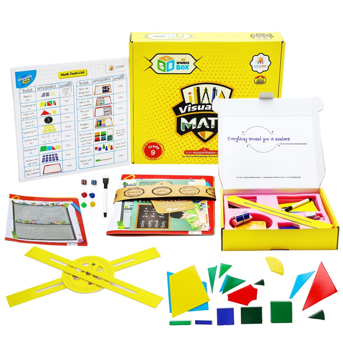 SparkleBox Math Class 9 Kit, Gift for Kids 10+ Yrs with Algebra Tiles & Area of Circle Kit (Blue)