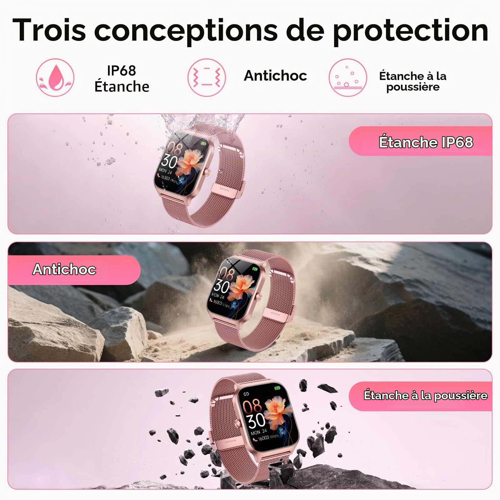 CASCHO Montre Connectée Femme avec Appel Bluetooth, 1.85" HD Smartwatch Femme avec Fréquence Cardiaque/Sommeil/SpO2, 120+ Modes Sportifs, IP68 étanche, Fitness Tracker Watch pour Android iOS-Or Rose