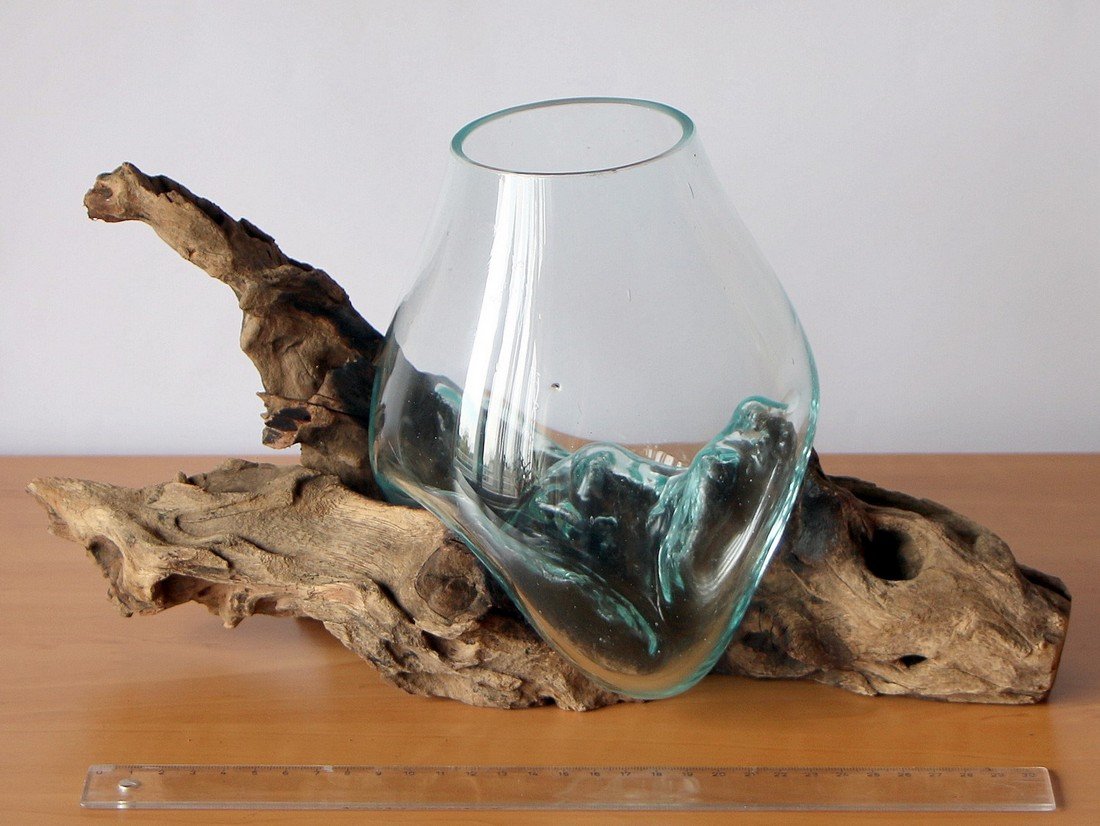 Geschenk Deko Einzigartige Gamal Wurzelholz Glasvase B-Ware Ø Glas 15-16 cm Wurzel Holz Teakholz Vase Glas M