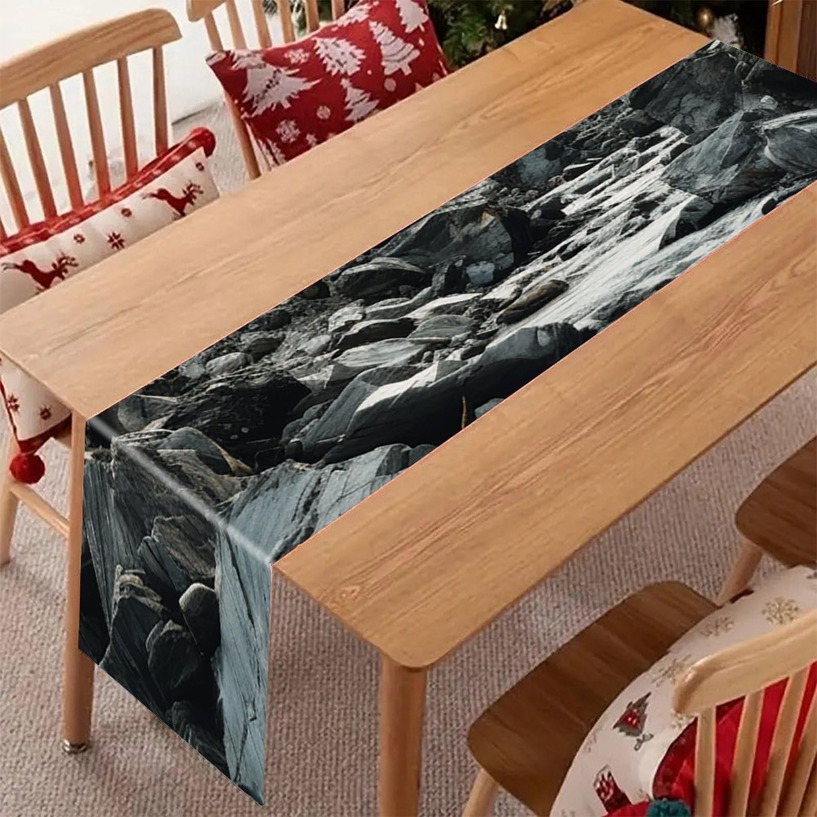 Khauerbc Style River And Gray Rocks Linen Table Runner-70.87*12.99 Inch,This Decorative Table Runner Is Wrinkle Resistant Table Mat. Embroidered Table Runners As Kitchen Dining And Coffee Tables.