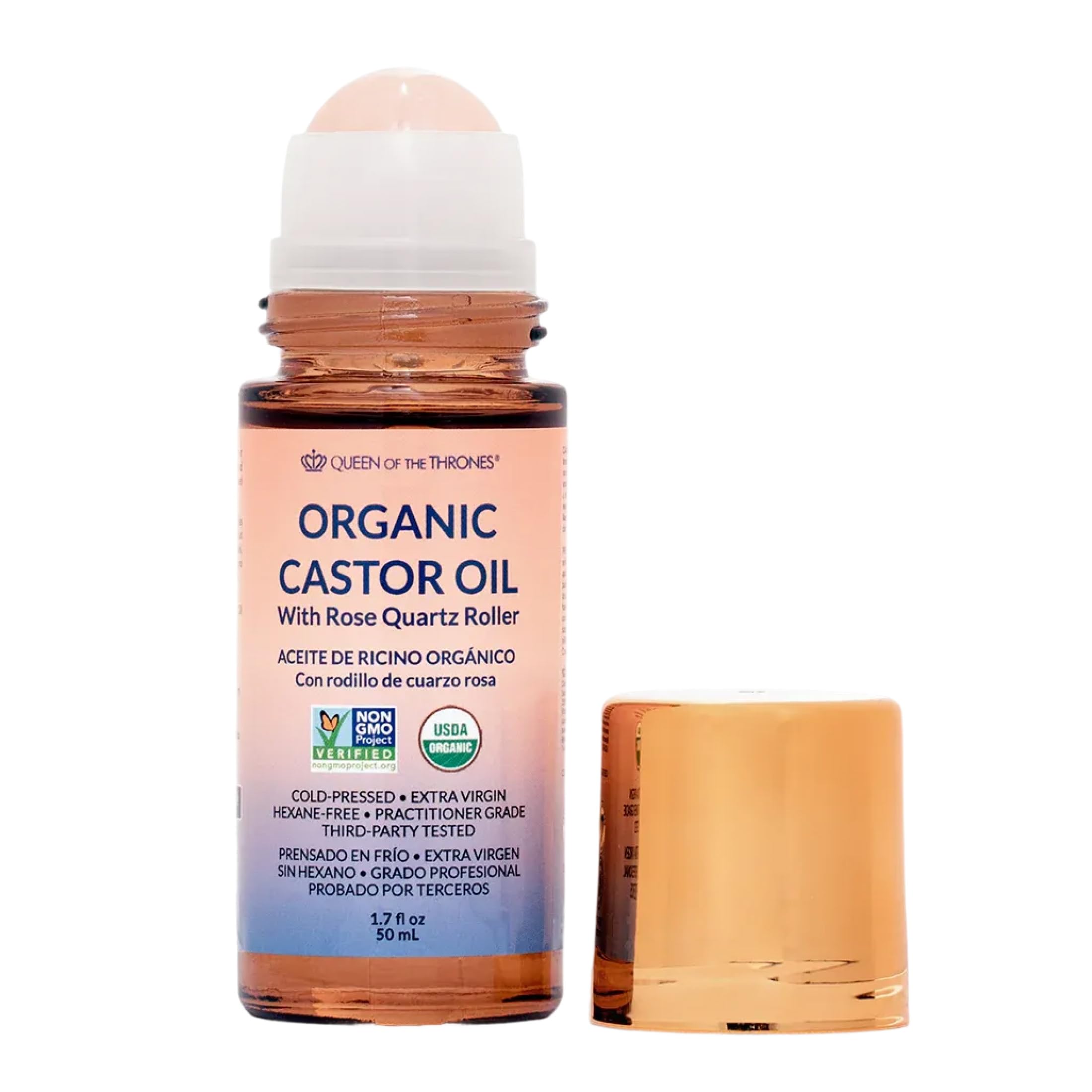 Queen of the Thrones Organic Golden Castor Oil Roll-On with Rose Quartz | 100% Pure for Skin, Brows & Lashes and Less-Mess Castor Oil Packs | Hexane-Free | USDA Certified | Cold-Pressed [50mL (1.7oz)]