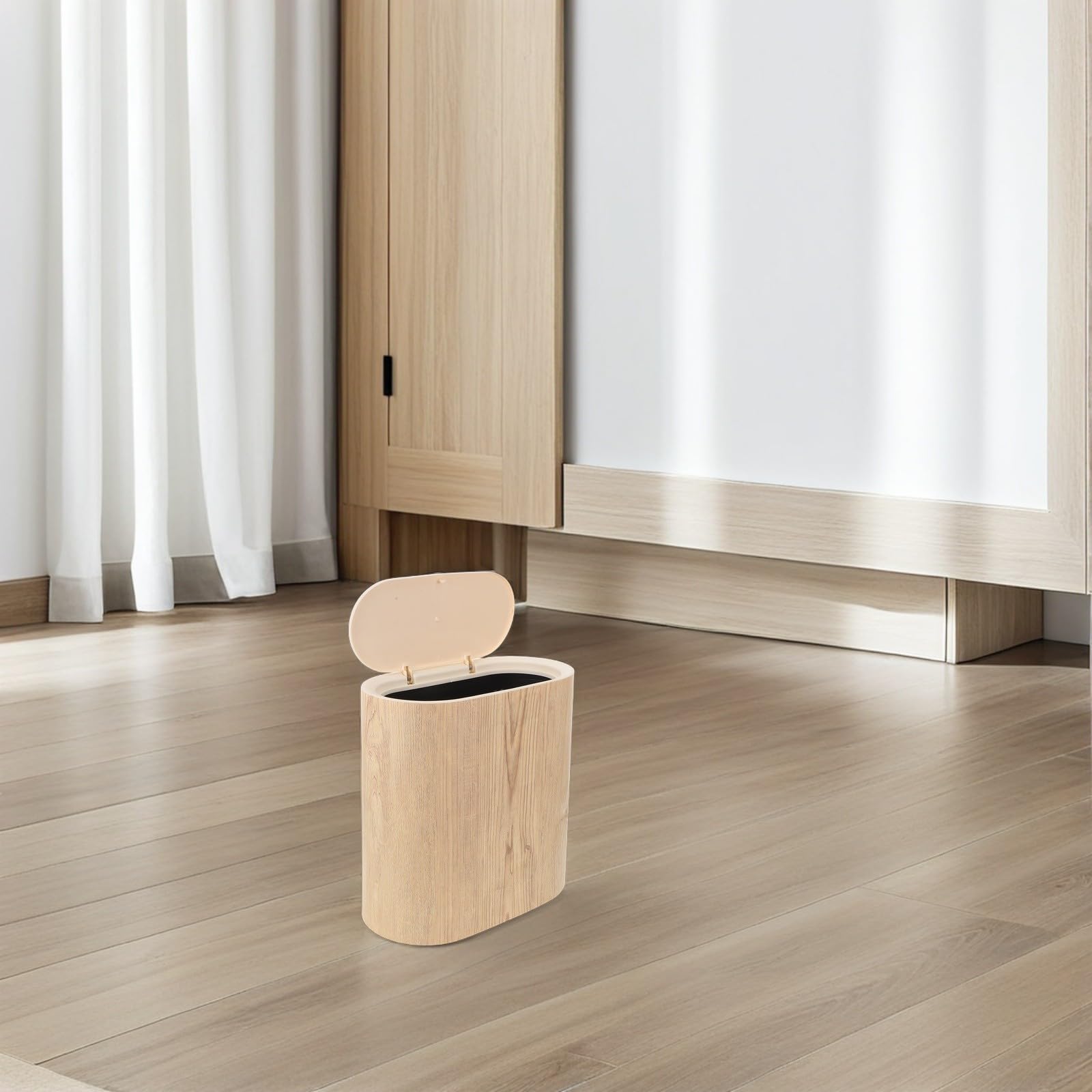 Papelera Estrecha para Baño y Oficina con Tapa a Presión Higiénica, Cubo de Basura de Plástico Beige Adecuado para Cocina y Espacios Reducidos