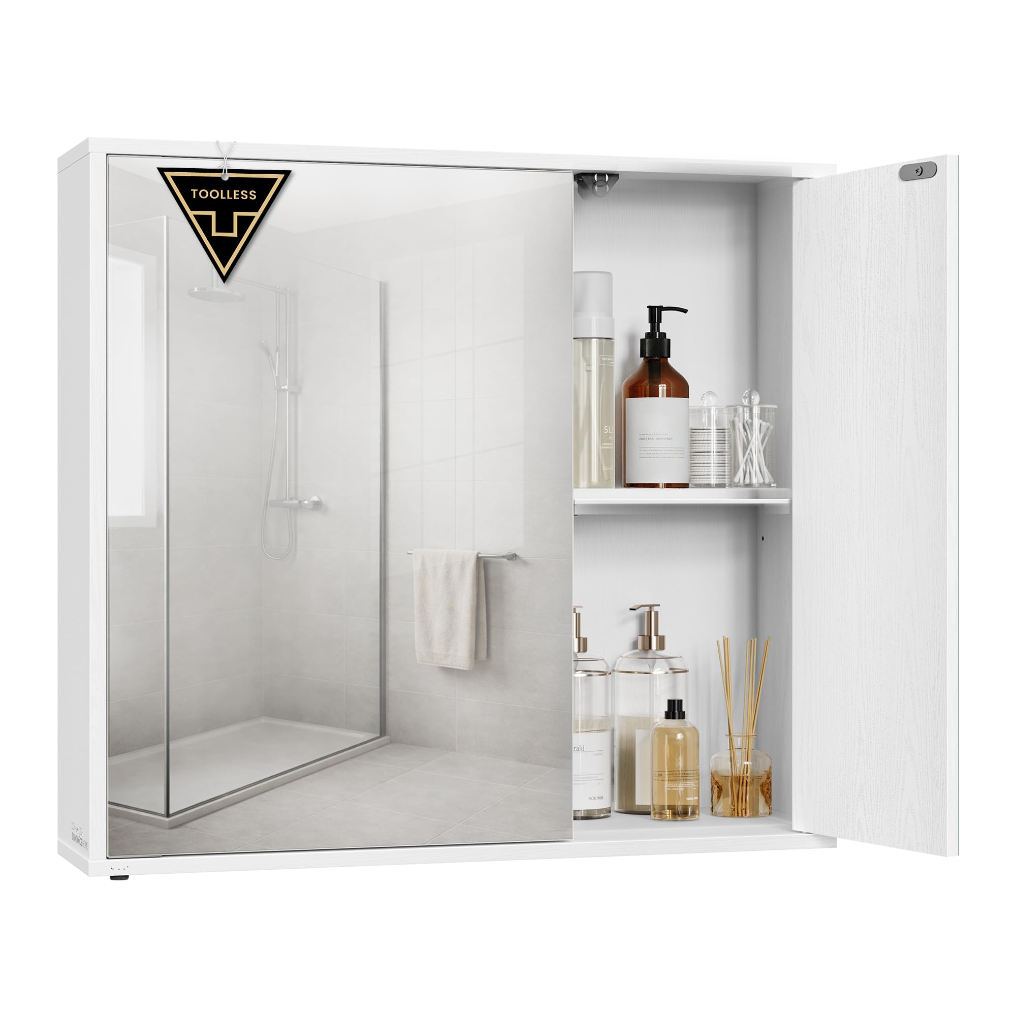 SONGMICS Home Szafka łazienkowa Mirror, technologia beznarzędziowa, superszybki montaż bez użycia narzędzi, lustro łazienkowe, regulowane półki, nowoczesne, 15 x 60 x 55 cm, Snow White BBC114WE01