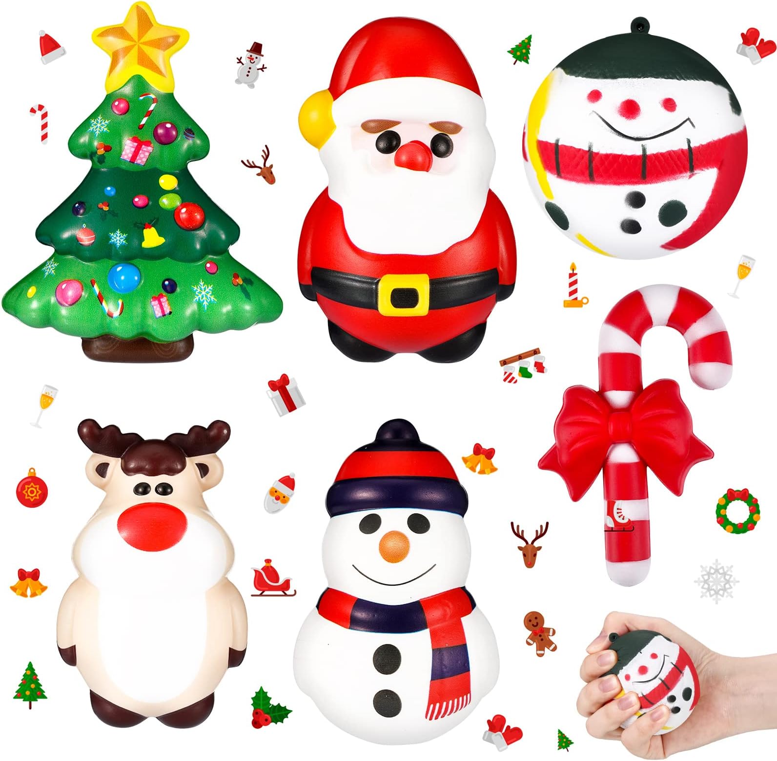 6 Pieces Christmas Slow Rising Toys Santa Claus Snowman Reindeer Christmas Tree Walking Stick Snowman Ball Soft Squeeze Stress Relief Toys for Kids Christmas Party Favors Stocking Stuffers