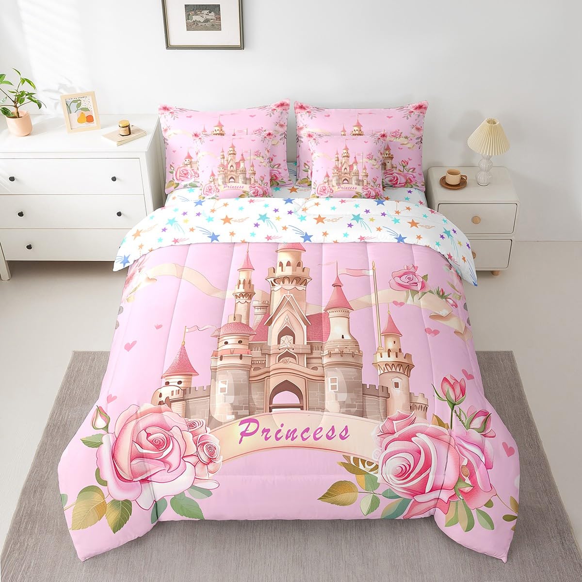 Manfei Princess Castle Comforter Set Full,Dreamy Fairy Tale Romantic Princess Bedding Set,Pink Roses Blooming Flowers (Comforter+Fitted+Flat Sheet+2