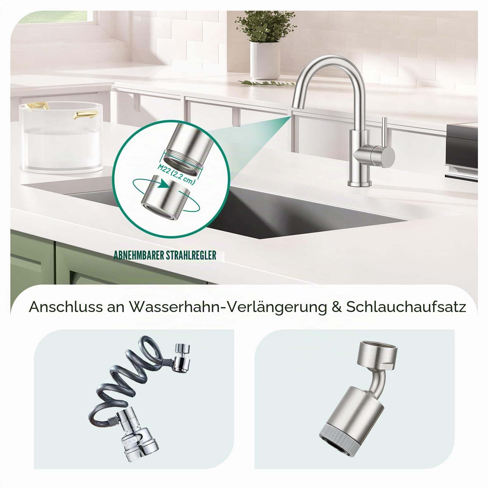 CREA Wasserhahn Küche, 360° Drehbare Küchenarmatur für Kleine Küche, Waschbeckenarmatur, Armatur Küche mit Hohem Auslauf, Edelstahl