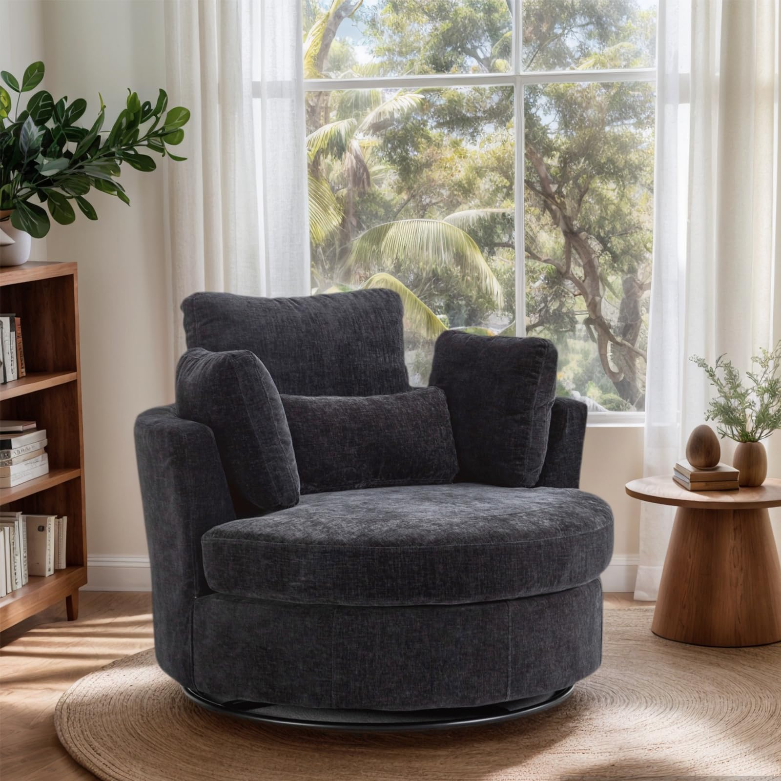 Chifee & Vingol 42.2" Oversized Swivel Accent Chair Round Barrel Chair,Chenille,Black