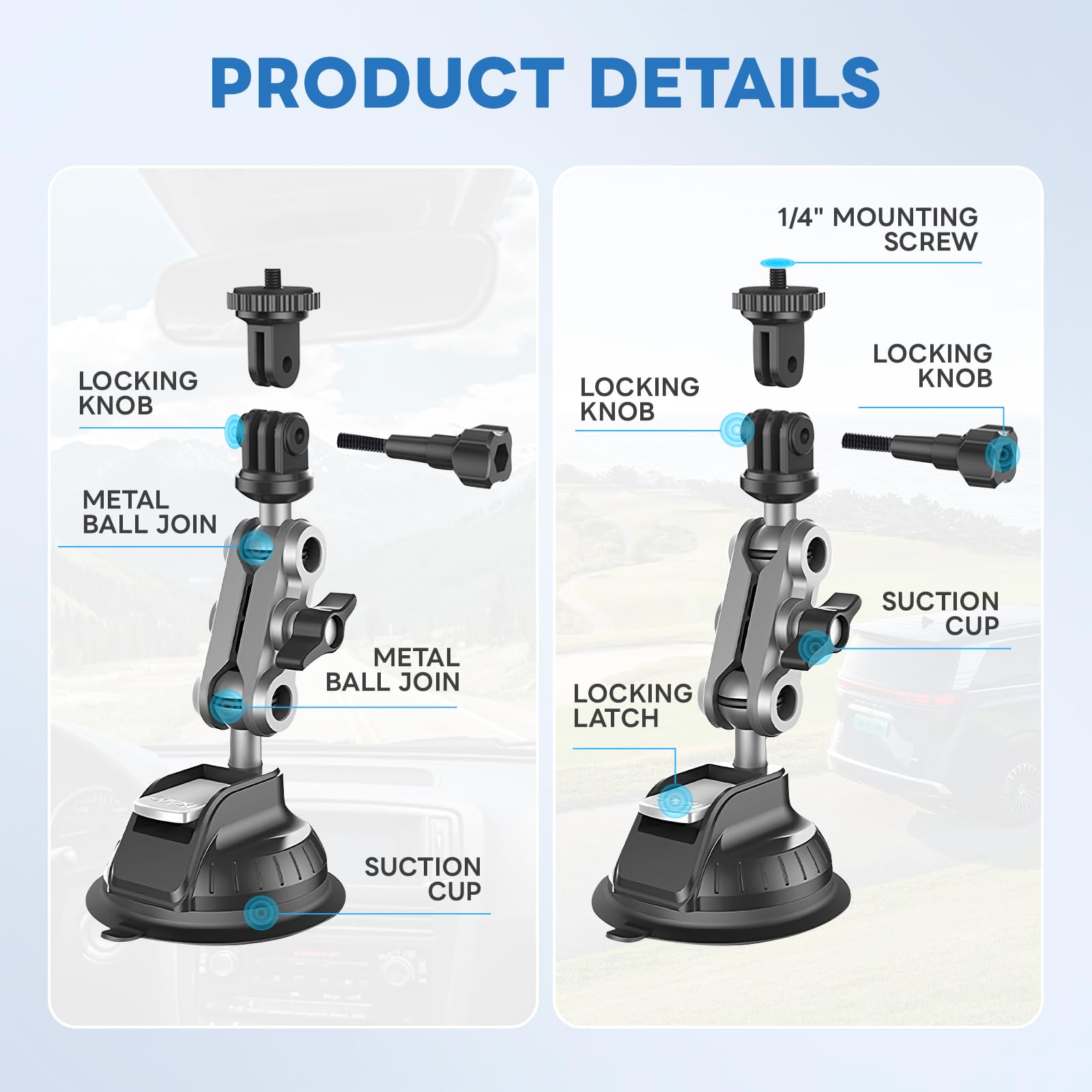 Support Caméra Ventouse – Tête Sphérique 360°, Bras Articulé, Compatible GoPro/iPhone/Insta360, Charge 10kg
