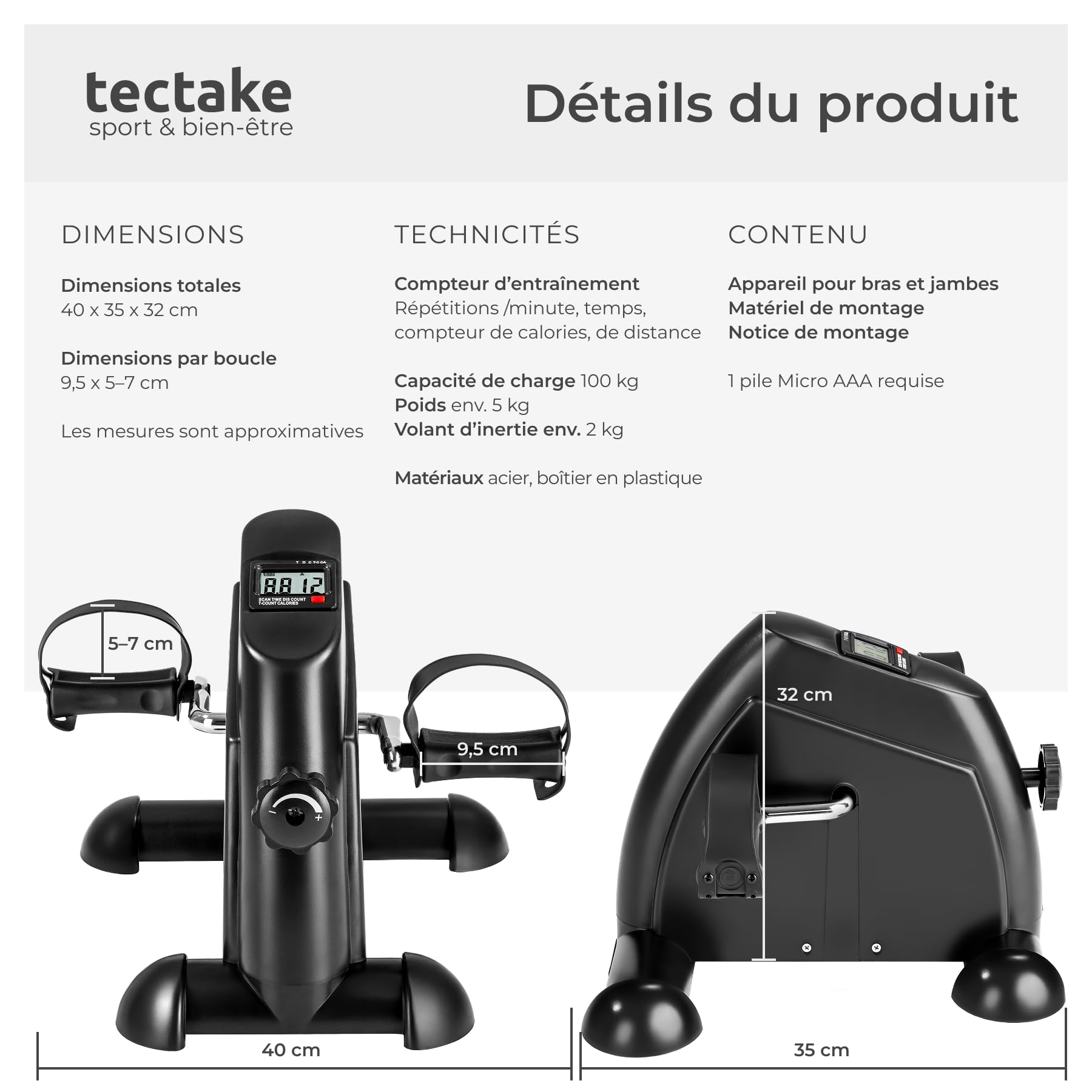 tectake® Mini Vélo d'appartement, 40 x 35 x 32 cm, Pedalier d appartement, Pedalier Bureau, Écran LCD, Sport maison, Entraînement des bras et des jambes, Mini Velo d'appartement, Compatible tout âge