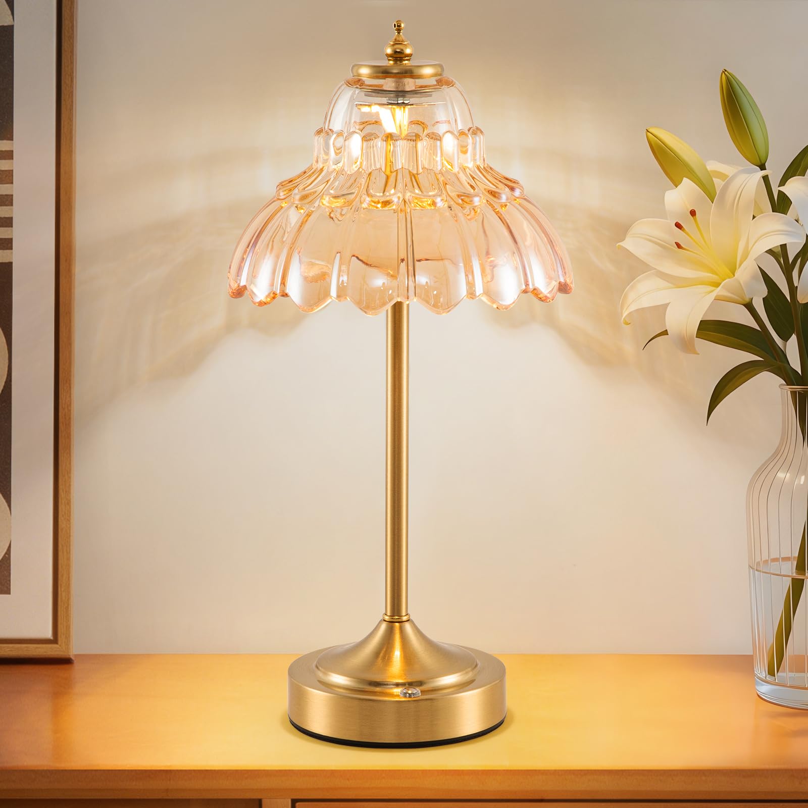 EIDEARAY Rechargeable Table Lamp, Battery Operated Table Lamp, Cordless LED Amber Glass Morning Glory Shape Lamps with Dimmable, Decorative Touch Lamps for Living Room โ image 1