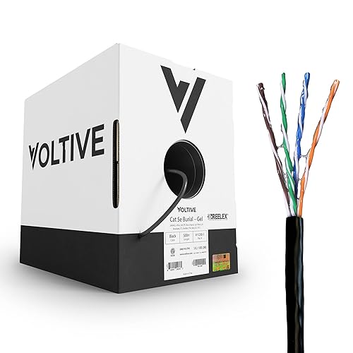 Voltive Entierro directo Cat5e, relleno de gel, 500 pies, negro - resistente a los rayos UV - Cable Ethernet de cobre sólido desnudo - UTP - 350 MHz