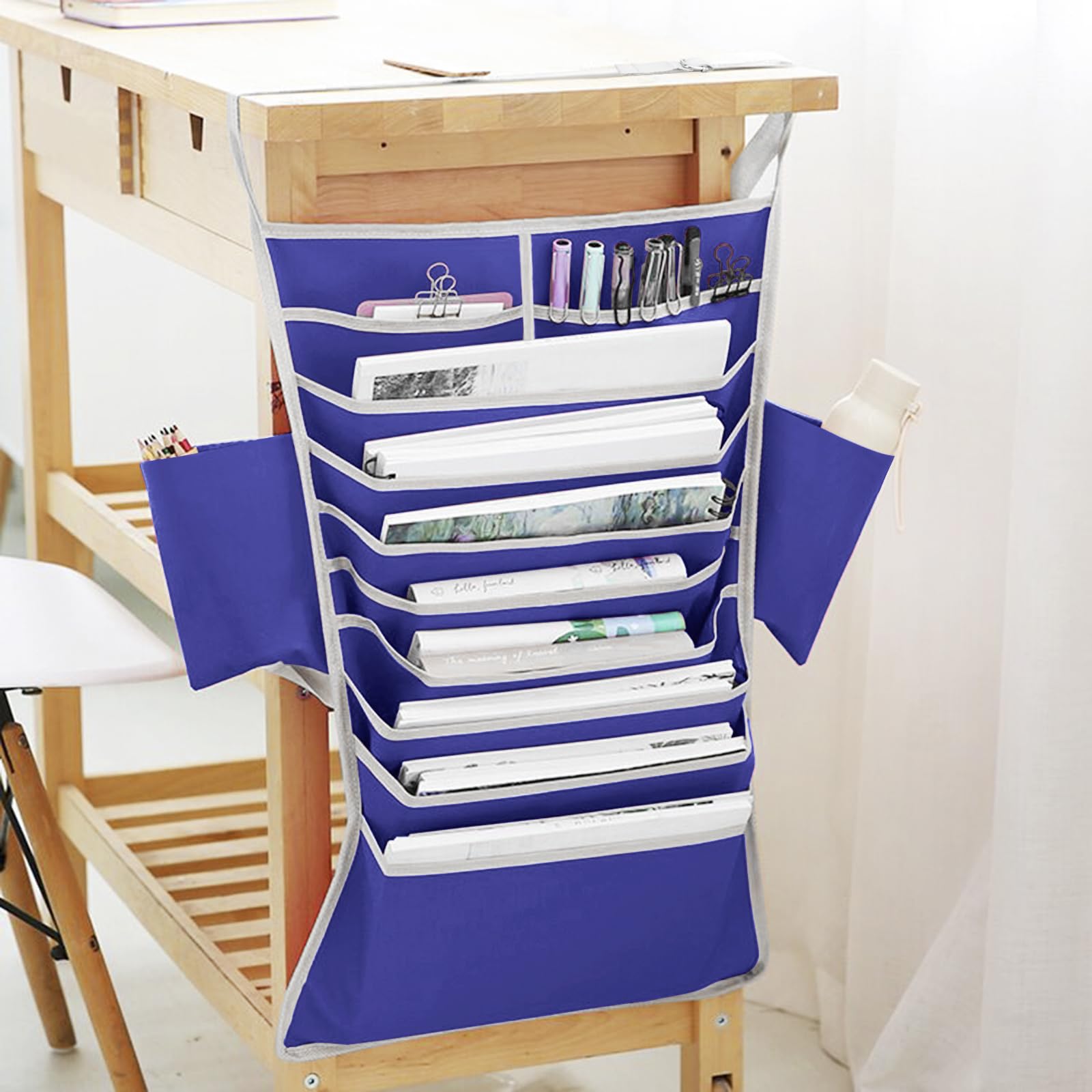 Multiple Pockets School Desk Side Books Organizer Hanging Bag Oxford Reinforced Desk Organiser Storage Bag for Home Office Classroom Magazine Files