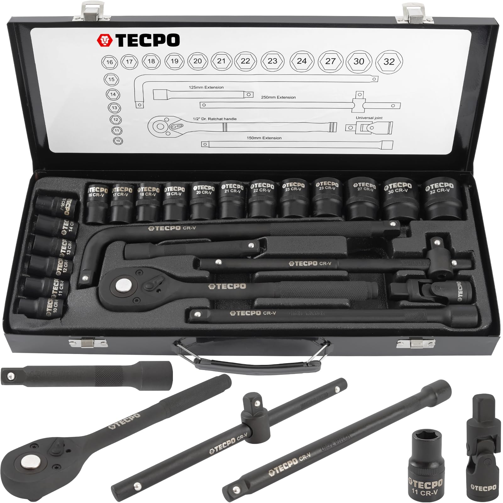 TECPO 1/2 Zoll Kraft-Steckschlüssel-Satz – Vielseitiges Ratschenkasten Nuss-Set 10-32 mm, ideal für Hand- und Schlagschrauberbetrieb, mit Umschaltknarre und umfangreichem Zubehör