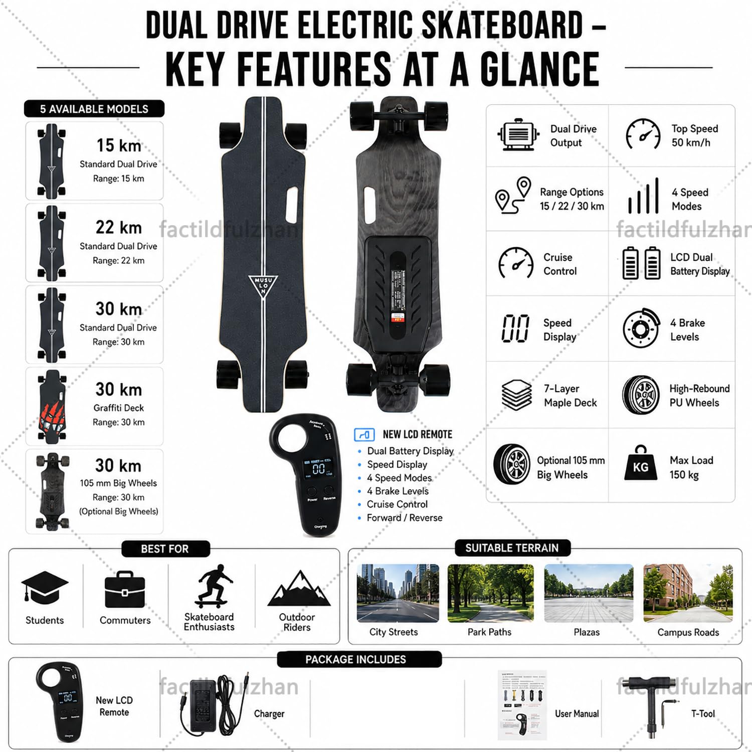 Elektro Longboard, Neues Elektrisches Skateboard mit LCD Remote, Dual Drive Output, 150 kg Belastung, 83 x 21 cm Ahorn-Deck, PU-Rollen, tragbares Board für Park und Campus B30km