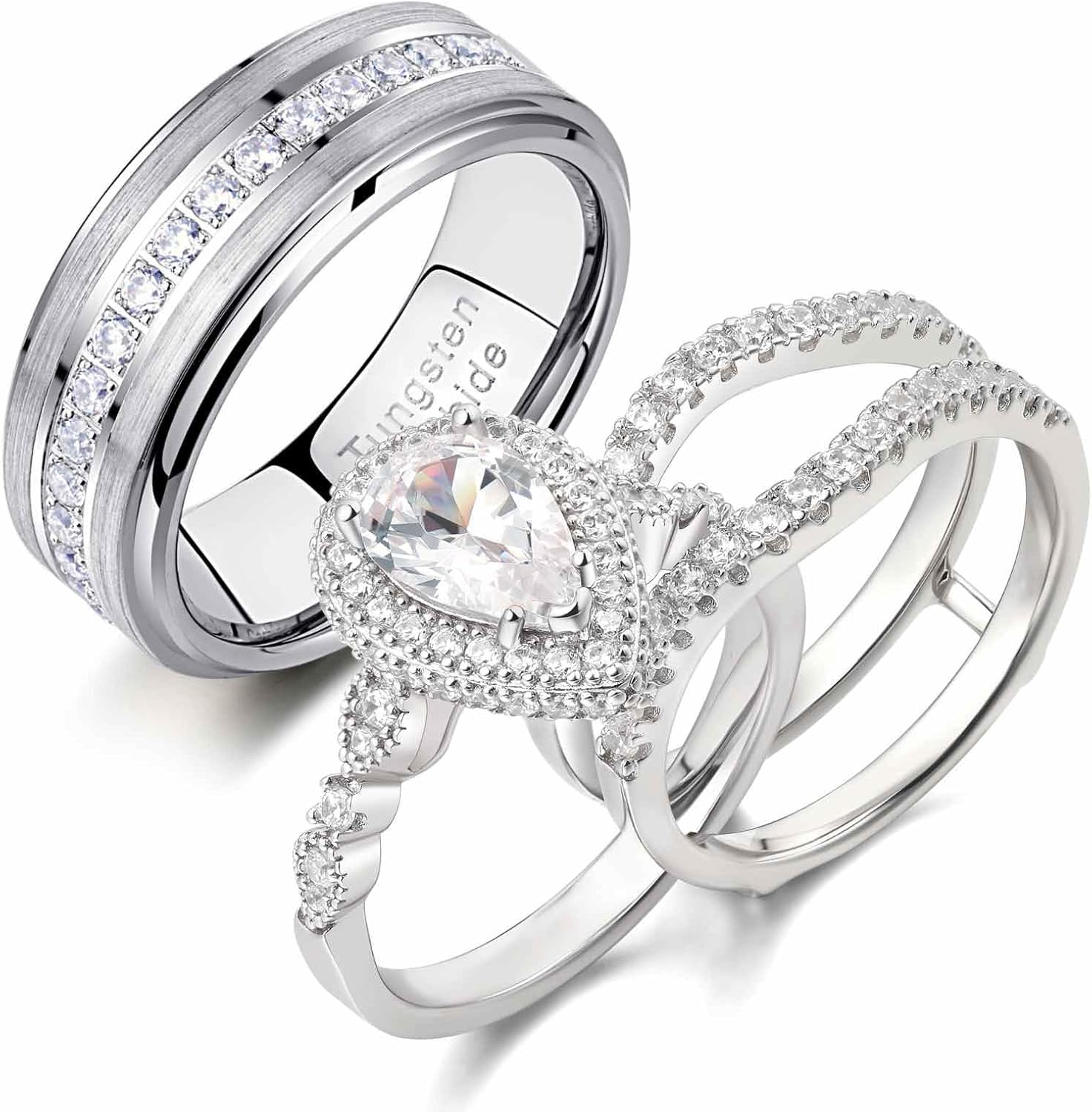 Newshe Jewellery Wedding Rings Set for Him and Her Teardrop Womens Bridal Set Sterling Silver Engagement Ring for Couples Tungsten Mens Bands Promise Anniversary Size