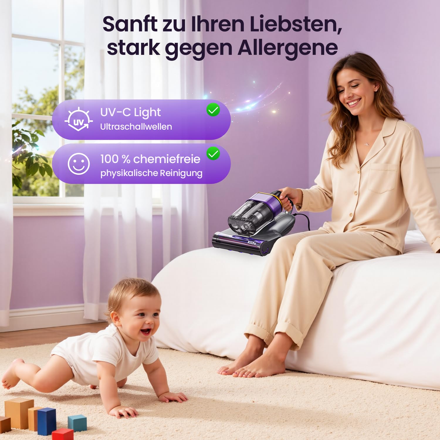 Milbensauger für Matratzen mit 18 kPa Saugkraft, UV-C Licht, 63 °C Heißluft und 2 Bürsten, Bett-Staubsauger und Matratzenreiniger für Matratzen, Betten, Sofa