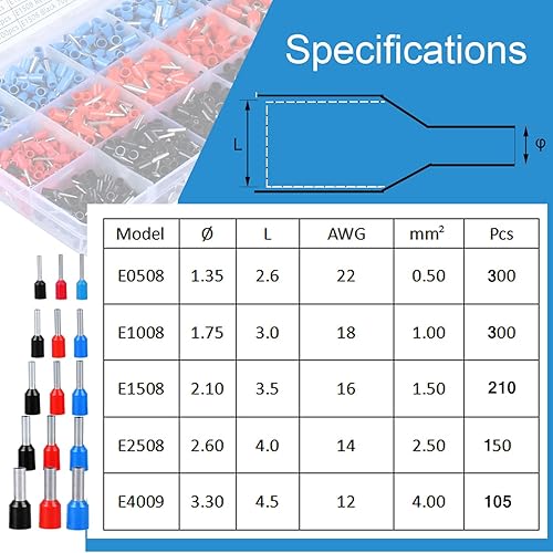 Miniatura 3 de Kit de terminales de casquillo de alambre AWG22-12 (0.5-4 mm), terminal de extremo de pasador de cable aislado, terminal de crimpado de alambre de