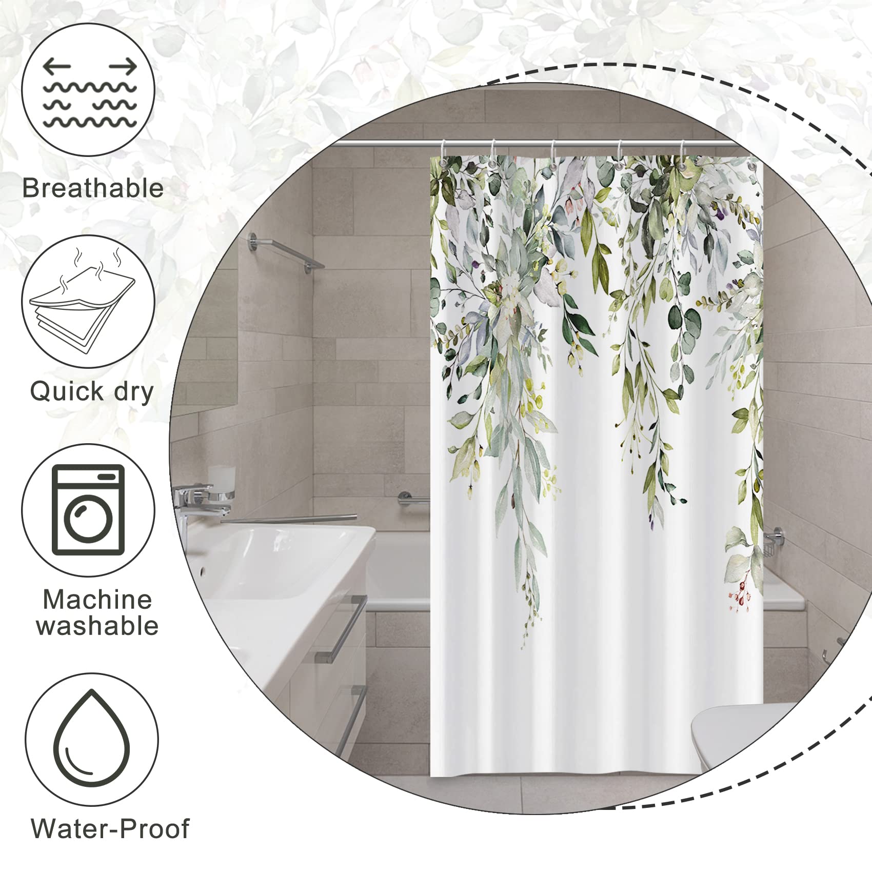 MIRRORANG Verde salvia Eucalyptus Stall Tenda da doccia, acquerello pianta foglia con floreale tende da bagno con ganci, impermeabile muffa e poliestere resistente alla muffa,153x183cm