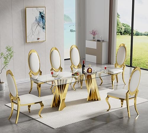Miniatura 22 de SSLine Moderno juego de mesa de comedor de cristal de 7 piezas para 6 mesas de cocina y sillas de cristal dorado de lujo para 6 elegantes mesas de
