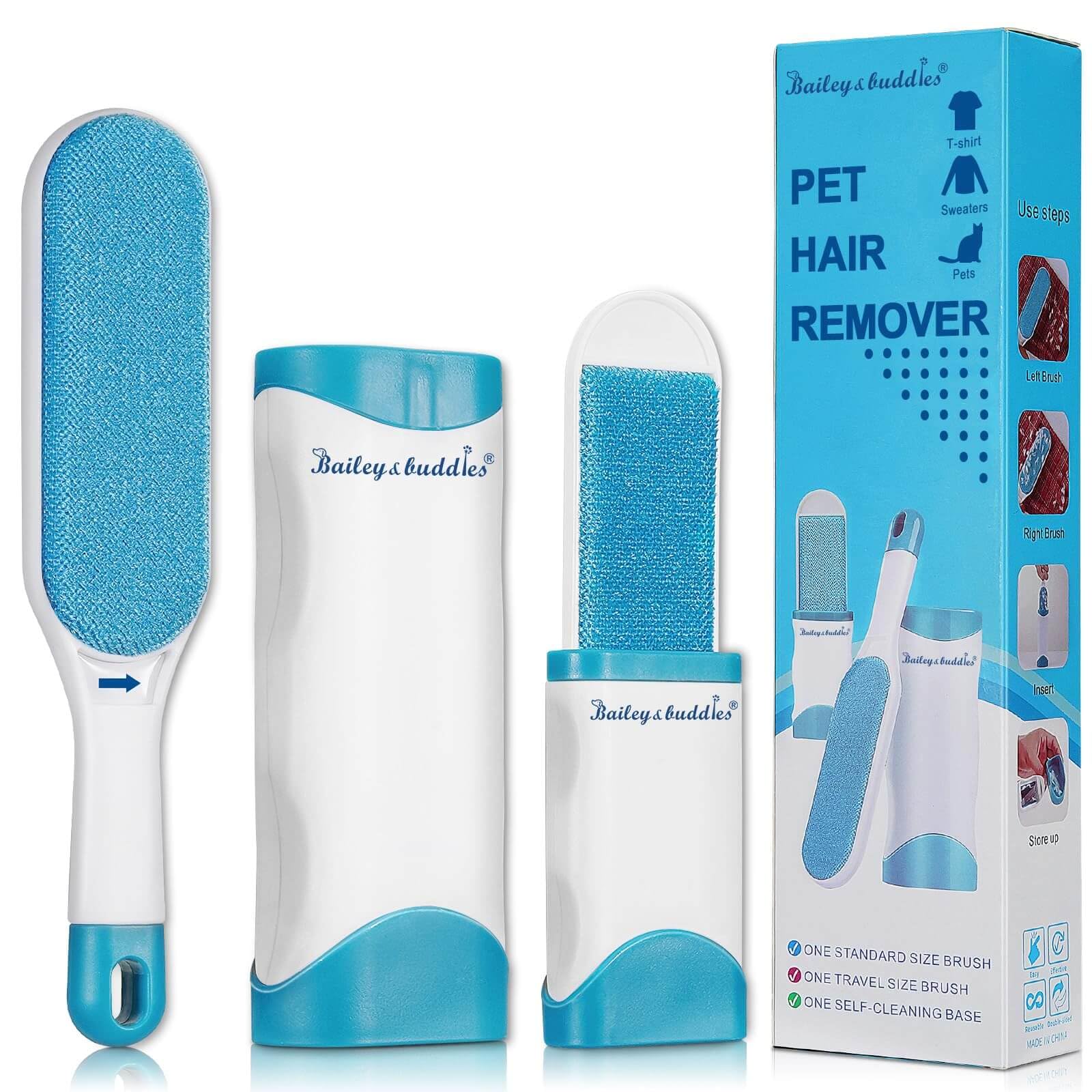 Bailey & buddies Brosse à poils d'animaux de compagnie, base autonettoyante, anti-peluches réutilisable, enlève les poils de chat et de chien, peluches de tapis et canapé, vêtements