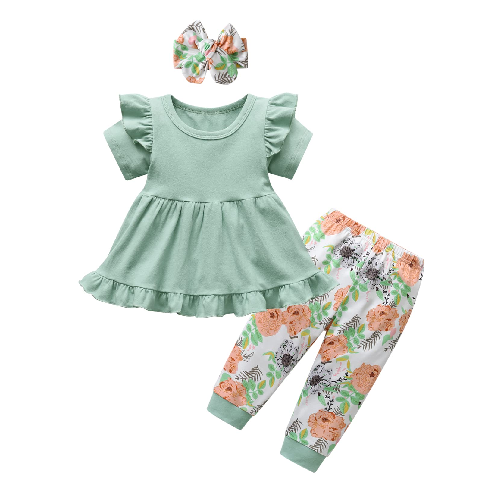AwxoderToddler Baby Girl Clothes Solid Color Short Sleeve Ruffle Tops Flower Pants Outfits Sets