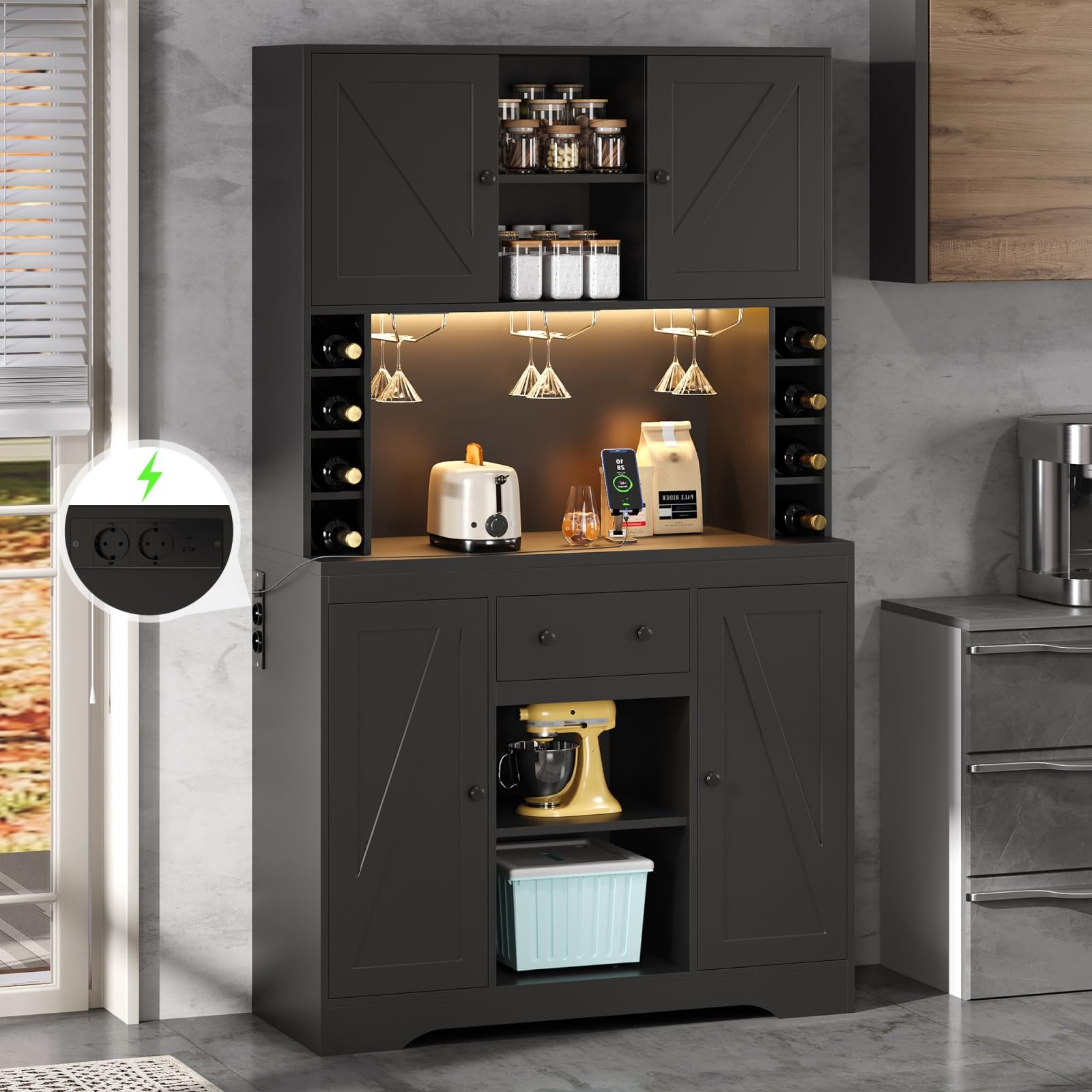 Sweiko Kitchen furniture are equipped with drawers, wine cabinet with adjustable shelves, stainless steel glass racks, bottle racks, LED lighting