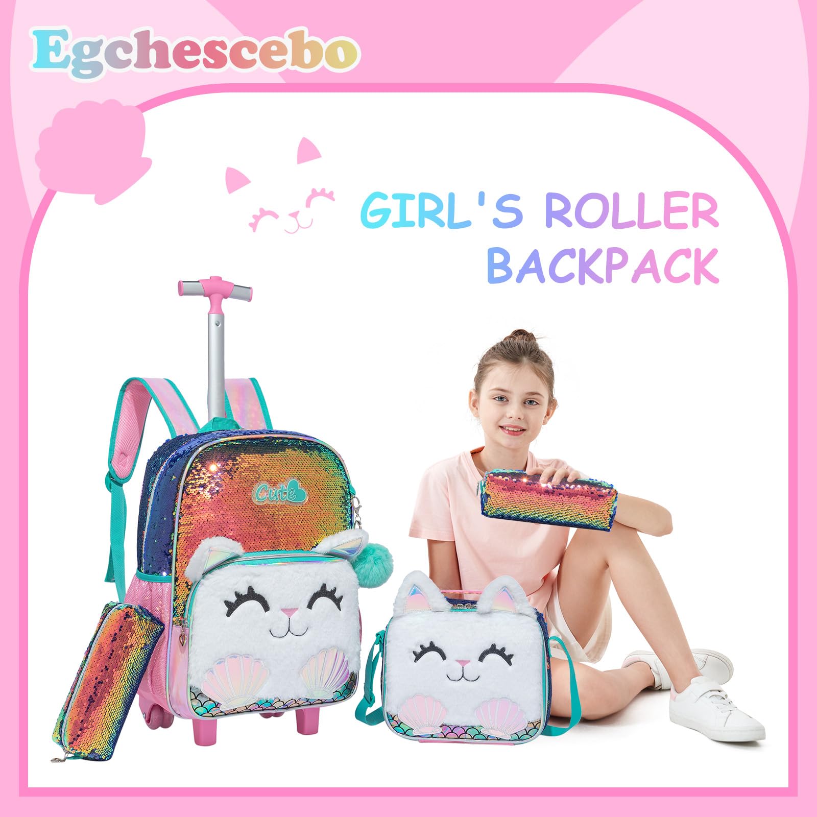 Mochilas Escolares con Gatos Ruedas Carro Niña 17" 3PCS Mochila Carrito para Trolley Escolar Bolso Viaje Estuche Stitch Mujer Maleta Colegio Grande Medianas Infantil Niñas Peluche Champán