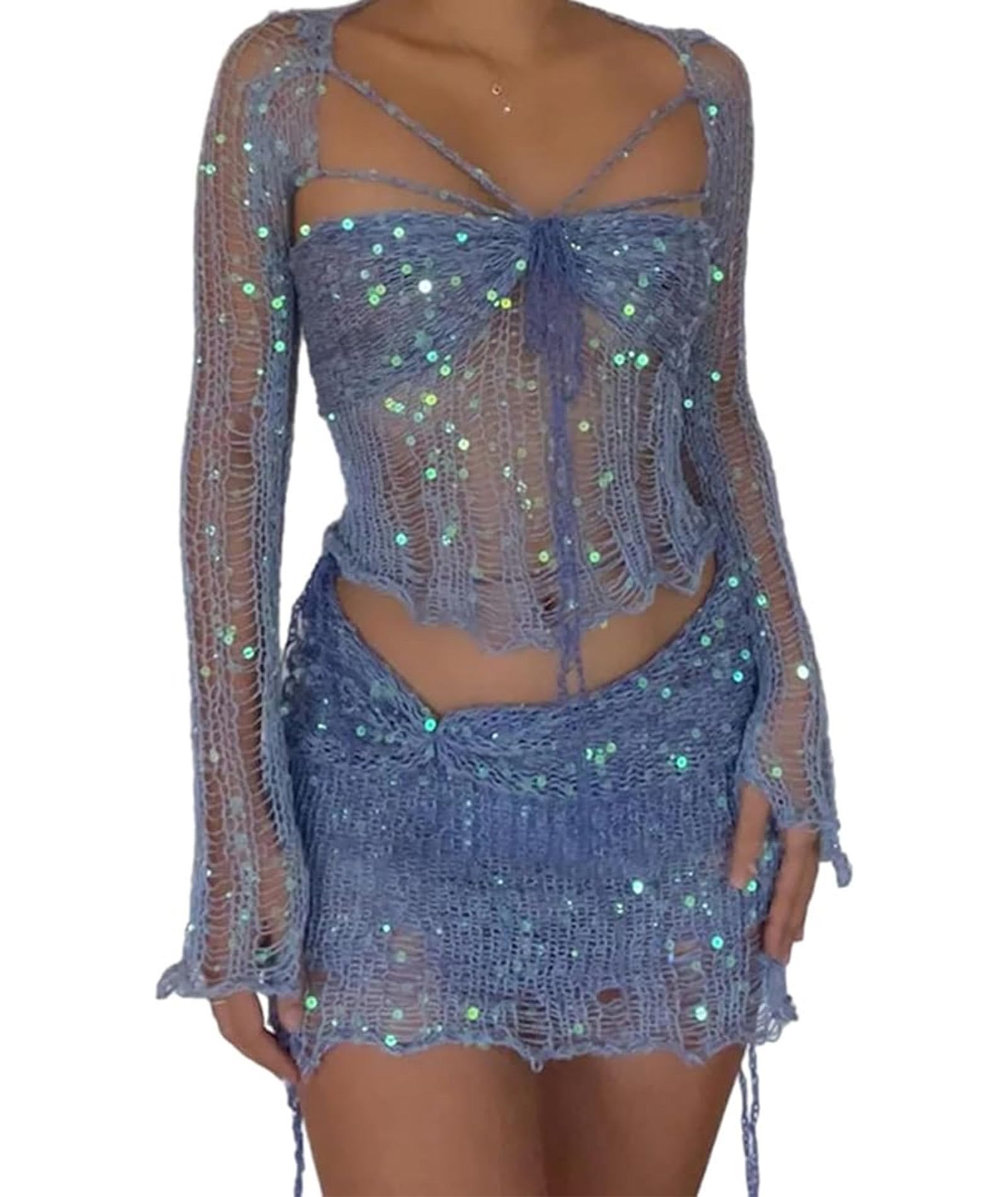 xxxiticat Womens Hollow Out Skirt Matching Set Long Sleeve Cardigan Jacket Bralette Crop Top Crochet Skirt Three Piece