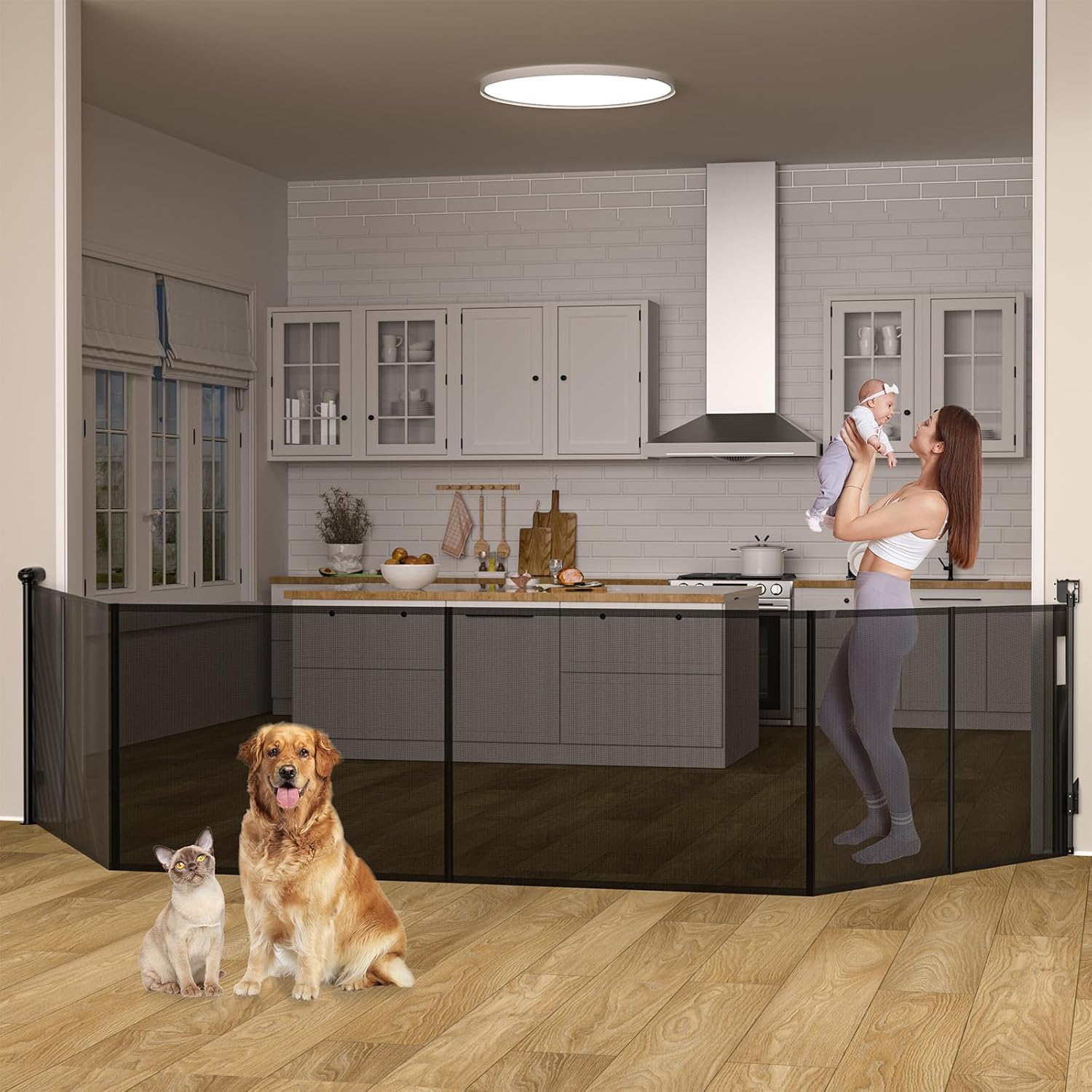 Upgraded 120 inch Retractable Baby Gates Extra Wide with Support Rod, 34" Tall Mesh Dog Cat Gate, Child Safety Gate for Stairs, Doorways, Hallways, Indoor/Outdoor Black 120in