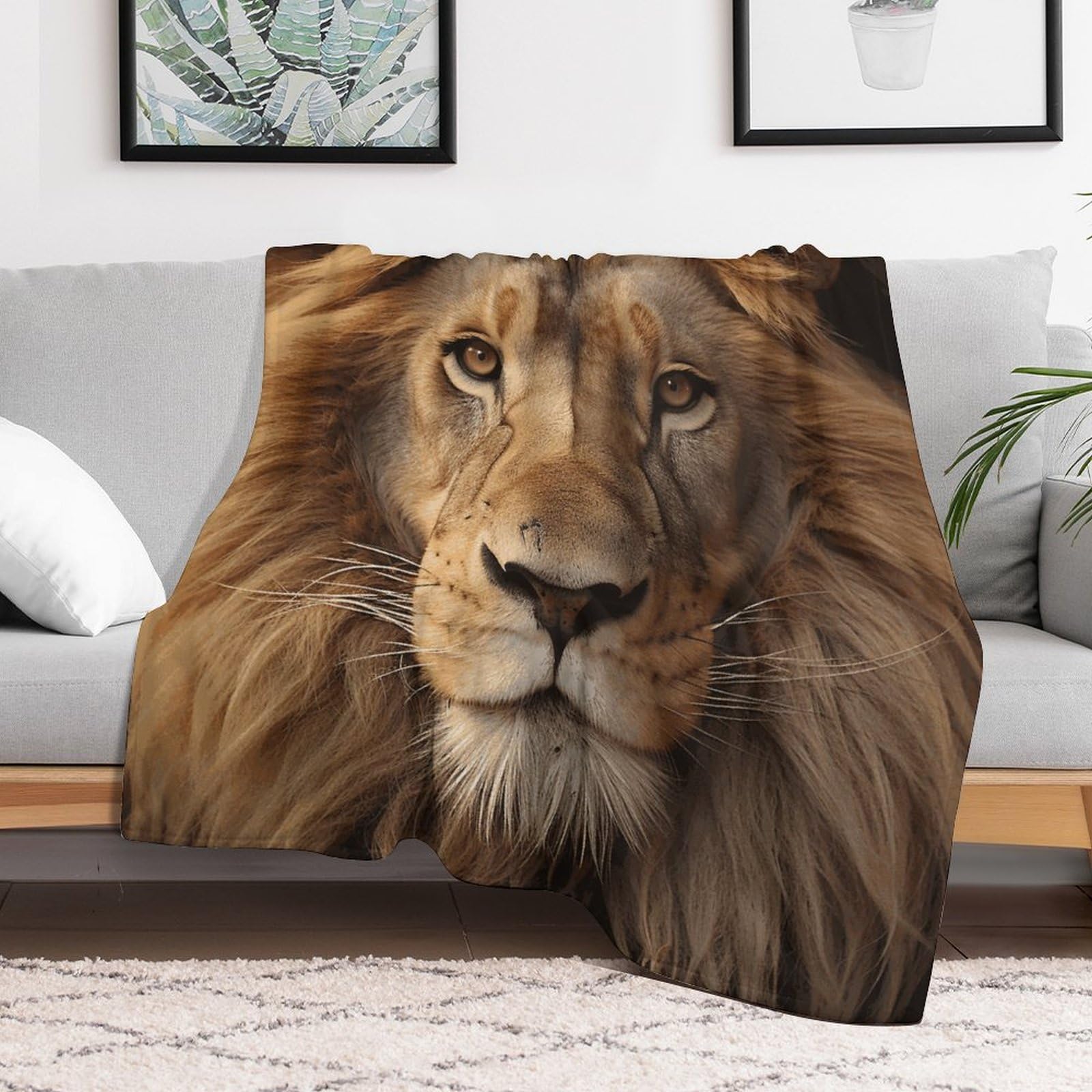 Custom African Lion Head Blanket Lightweight Flannel Fleece Throw for Couch Sofa Bed Luxury Soft Cozy Plush Lap Bedtime Blanket for All Seasons Bedroom Home Decor Gifts 40x50