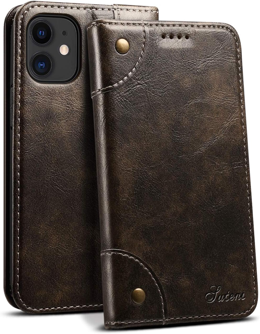 Case for iPhone 12 Mini 2020 5G Black PU Leather Retro Texture Wallet Kickstand Shell for Men Women Fashion Money Card Protective Fold Shockproof Durable