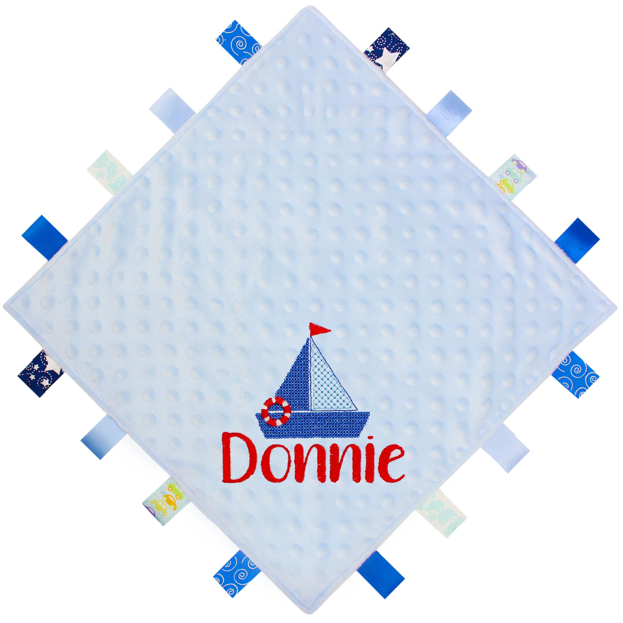TeddyT's Personalised Baby Nautical Sailing Boat Blue Ribbon Taggy Blanket Comforter