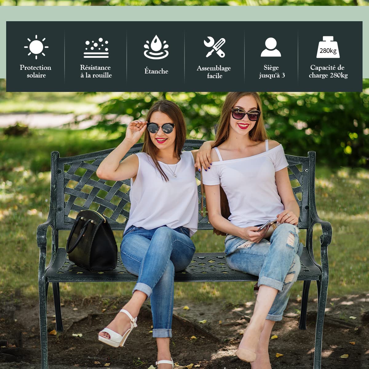 COSTWAY Banc de Jardin en Fonte d'Aluminium, Banc 2-3 Places avec Accoudoirs, Dossier et Design Ajouré, Charge Max 280KG, 103x64x83cm, pour Terrasse/Cour/Balcon/Pelouse/Parc