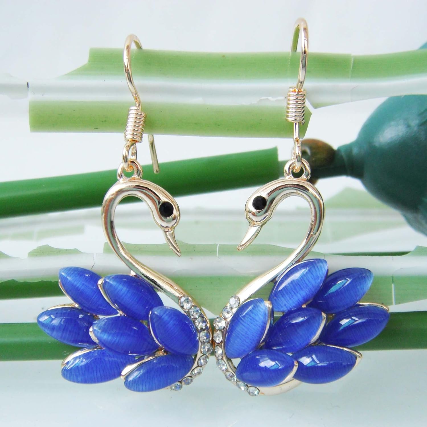 Navachi 18k Yellow Gold Plated Swan Bird Multicolor Created-Opal Crystal Dangle Drop Earrings - Image 3