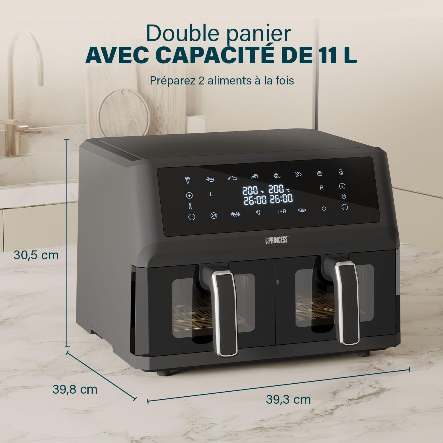 Princess XXL friteuse sans huile à double panier - 11 L - Sans BPA ni PFAS - Fin de cuisson synchronisée - 8 programmes - Hublot - 2 400 W - 182276
