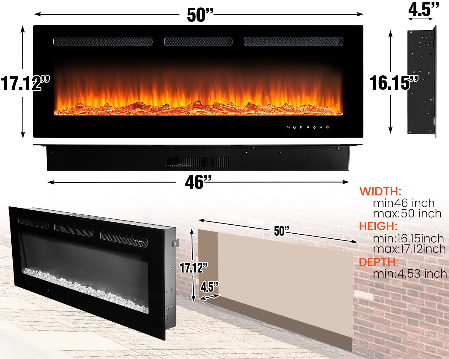 oneinmil Electric Fireplace, 50 inch Wide Recessed and Wall Mounted