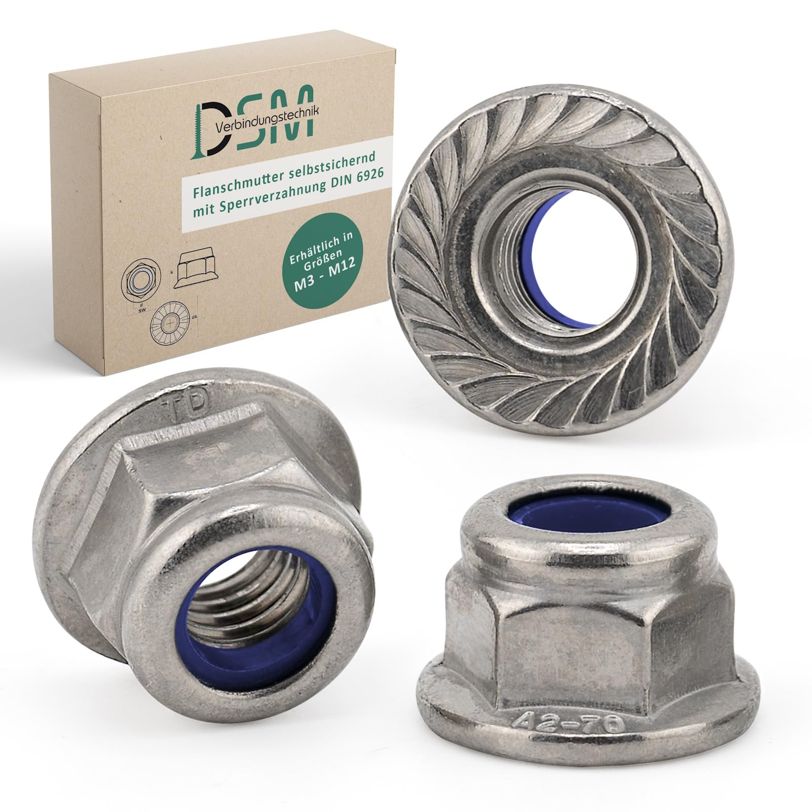 DSM - Dadi flangia M8 - Acciaio inox A2/V2A - Dadi di bloccaggio DIN 6926 - Autobloccanti con dentatura di bloccaggio - Dado esagonale con flangia - Dadi di bloccaggio resistenti alla corrosione - 100
