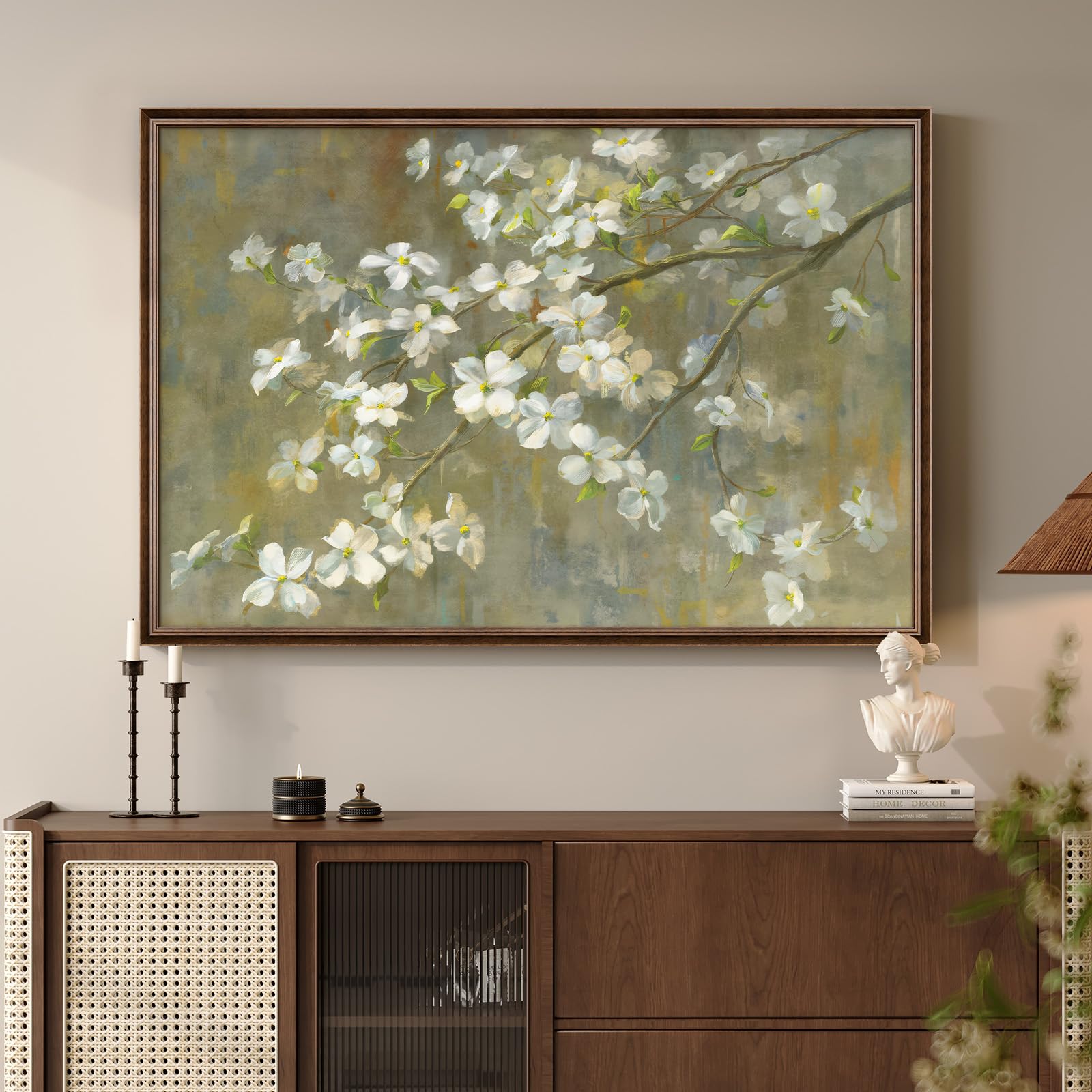 framed vintage floral wall art, green white neutral farmhouse botanical canvas painting prints artwork for walls, rustic retro flower picture for living room bedroom kitchen hallway wall decor, 24x36