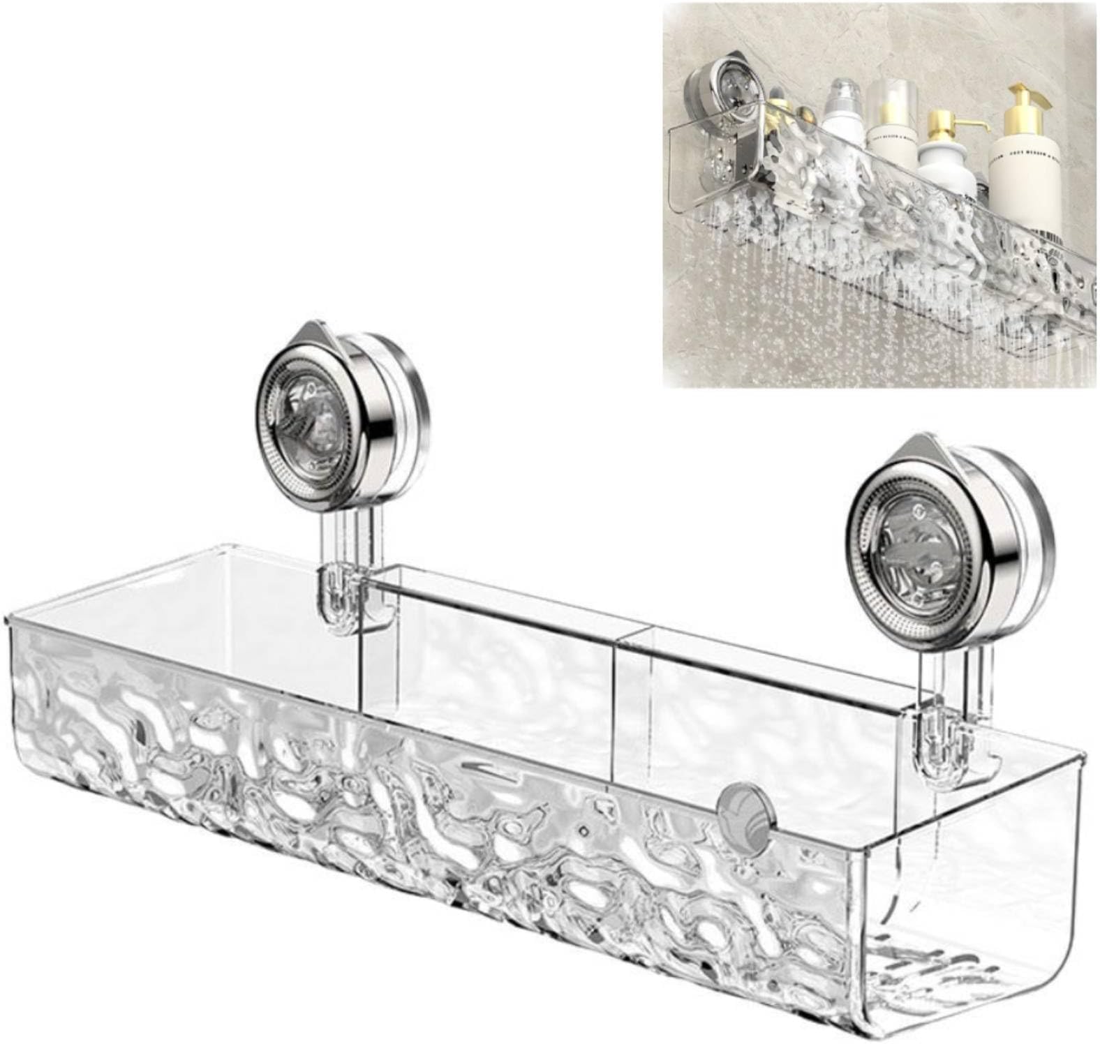 Generic No Drill Clear Wall Caddy, 1 Shelf, Rectangular, Polished, Wall Mount, Suction Cup, Shower Storage