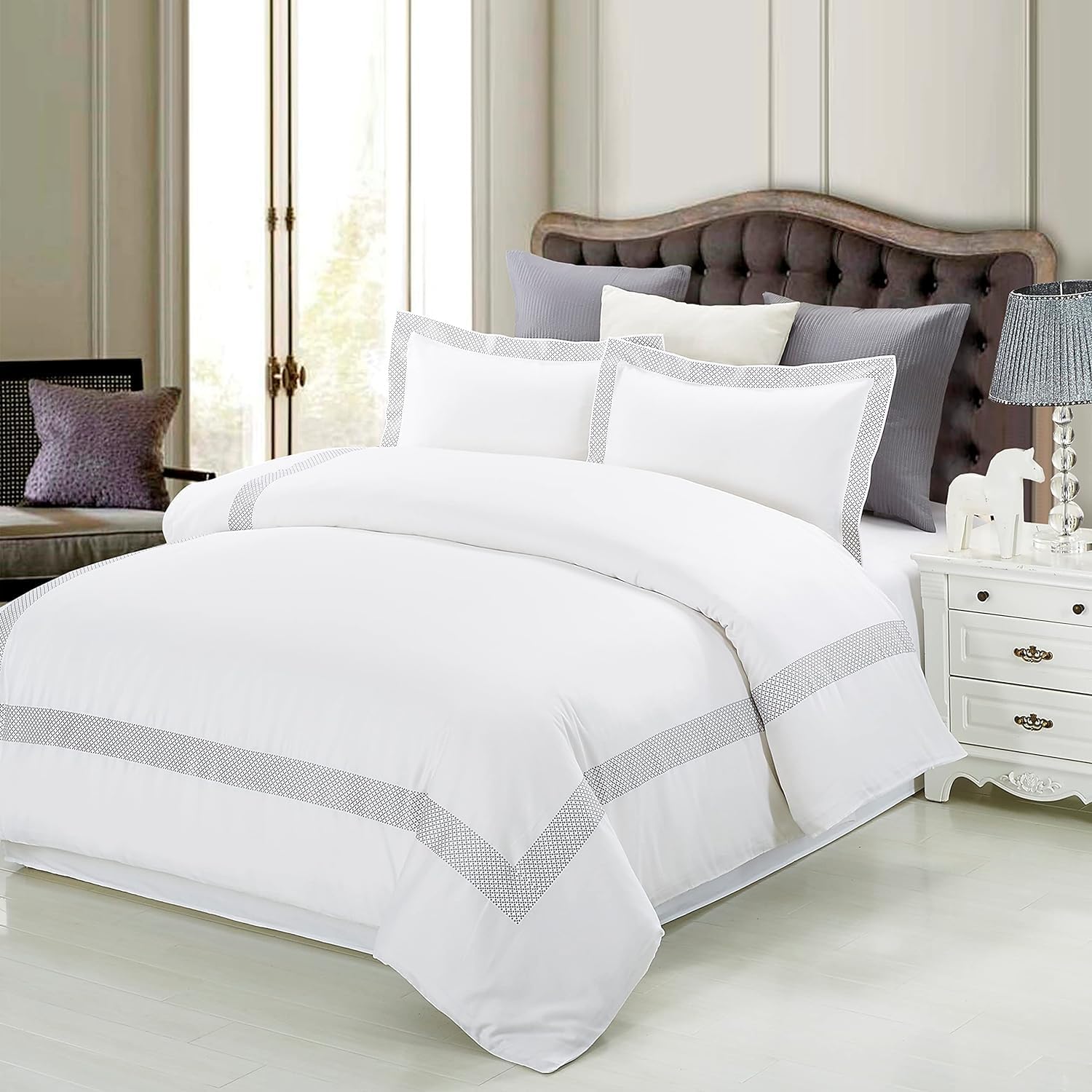 SUPERIOR Glenmont Embroidered Duvet Cover Set, Long-Staple Cotton, Full/Queen White - Image 7
