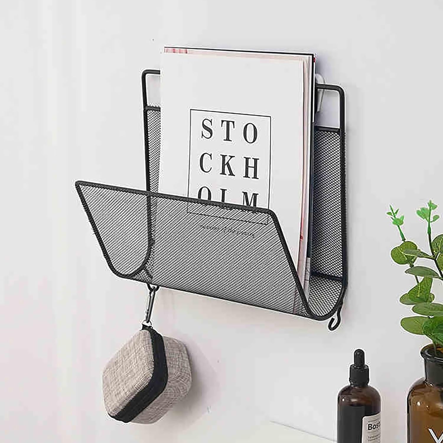 Magazine Holder Wall Mount - Mesh Brochure Organizer Display Rack with Deep Compartments and Hooks for Office, Home, and School Use