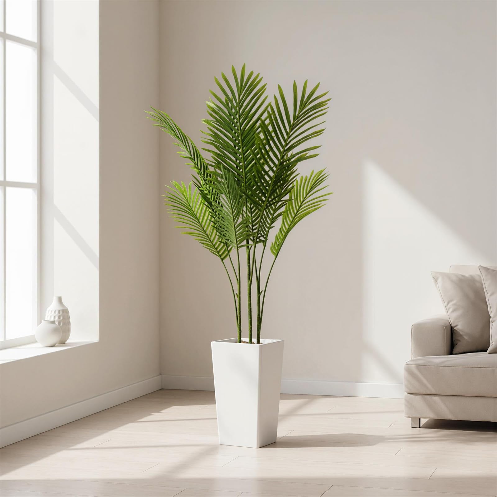 Künstliche Palme 127/132/137/147/152 cm, Kunstpflanze Im Weißen Topf Für Drinnen & Draußen - Deko Für Wohnzimmer, Balkon, Büro