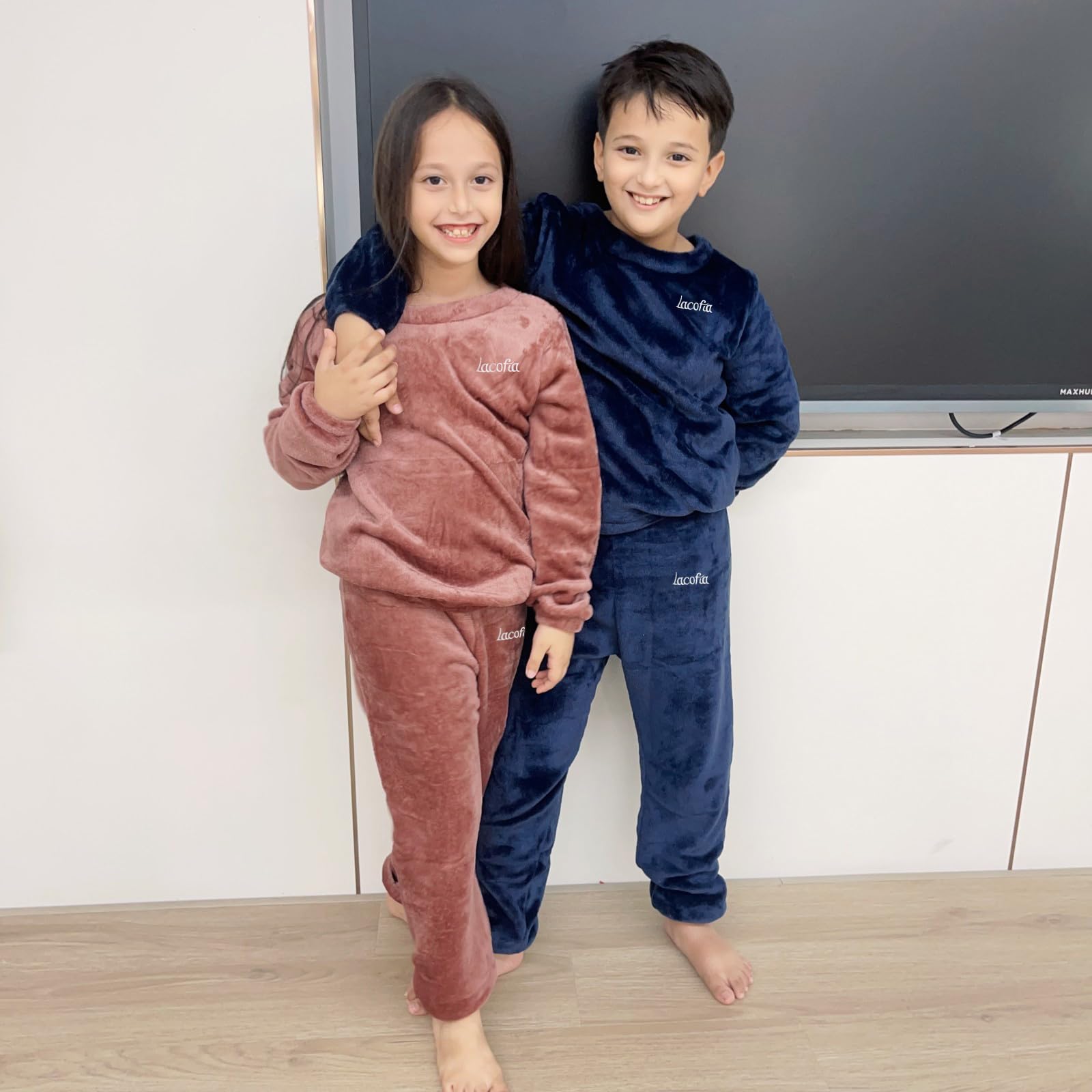LACOFIA Ensembles de Pyjama Enfant Hiver en Polaire 2 Pièce Vêtements de Nuit à Manches Longues Garçons Filles Loungewear Chaud