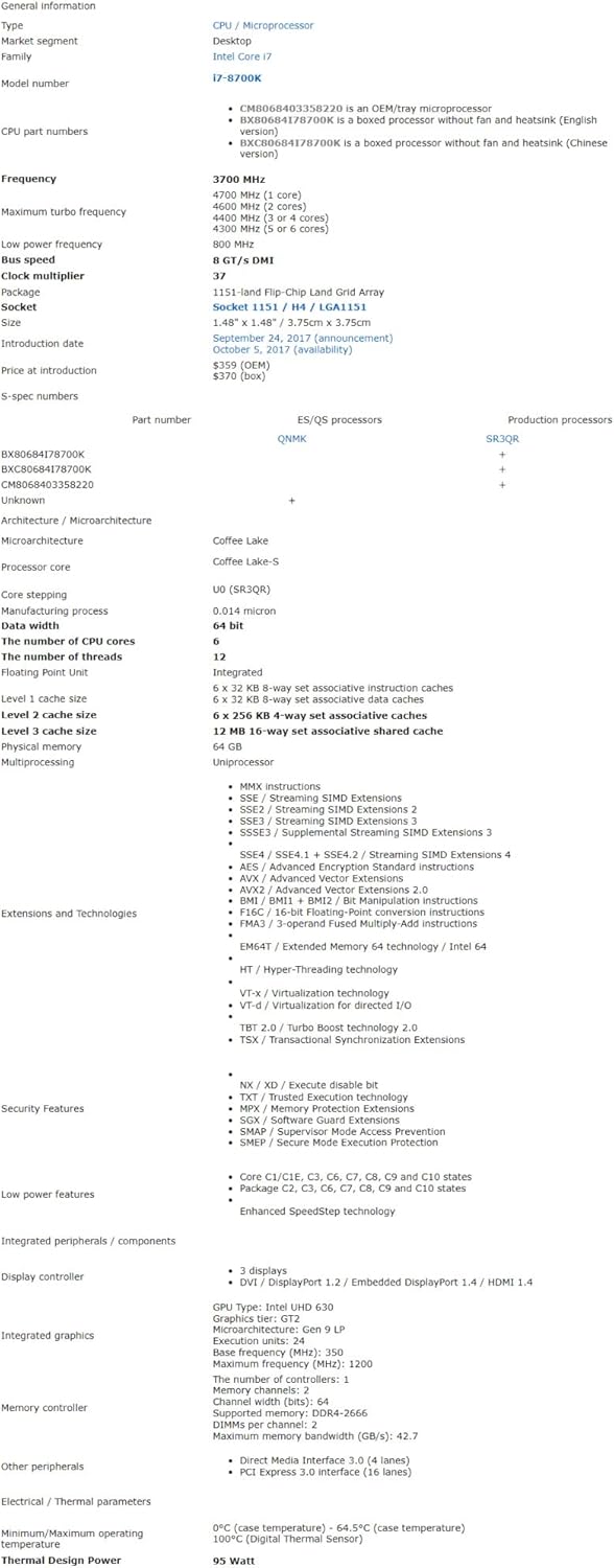 Intel OEM Core i7 i7-8700K Hexa-core (6 Core) 3.70 GHz Processor - Socket H4 LGA-1151