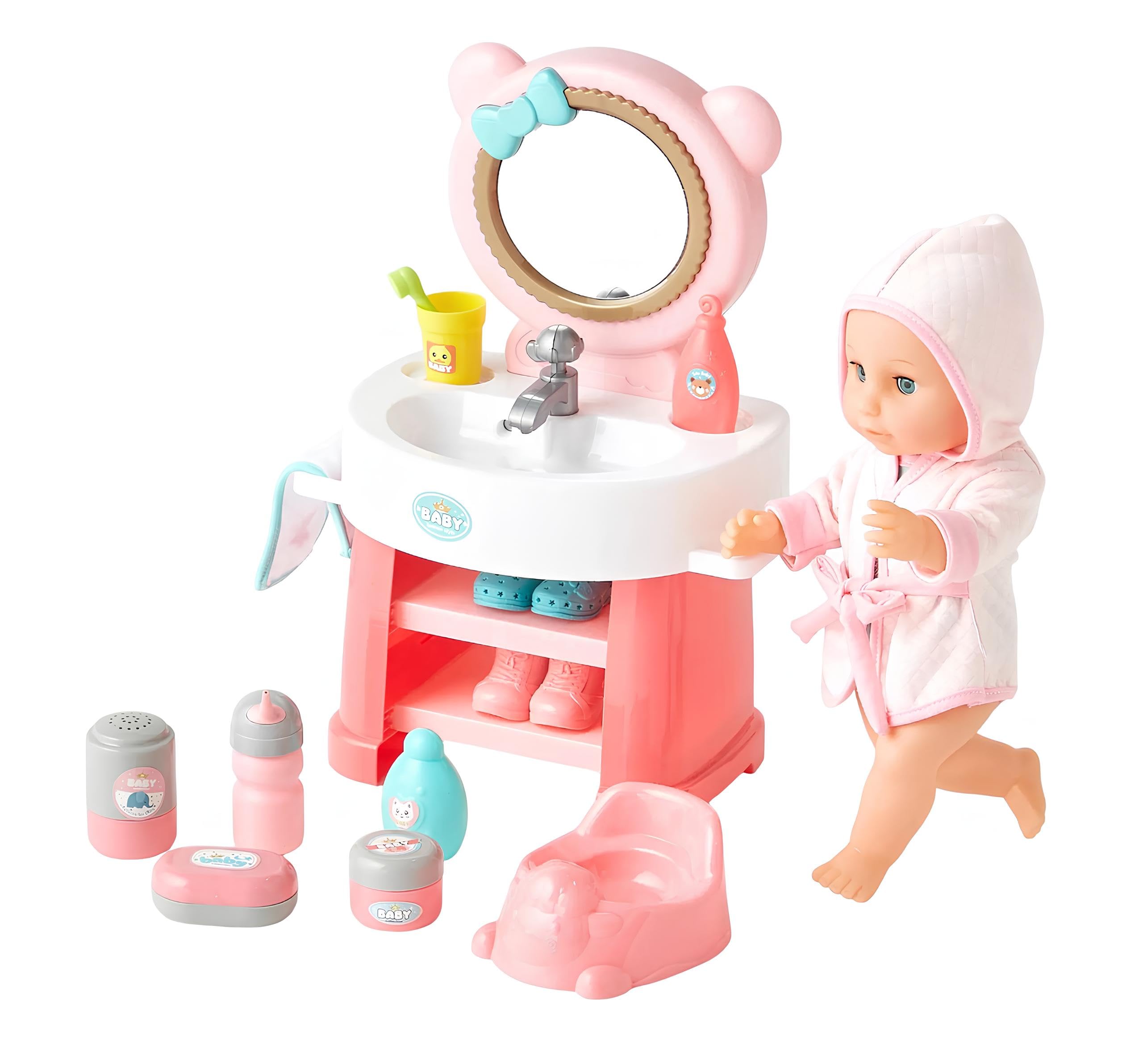 Bambola che Beve e Fa Pipì Parlante con Specchiera Luminosa Sonora Lavandino con Acqua Funzionante Accessori Bagno Vasino Toilette Musica 10 Suoni Gabinetto Bambolotto cm 35 con Specchiera Deluxe