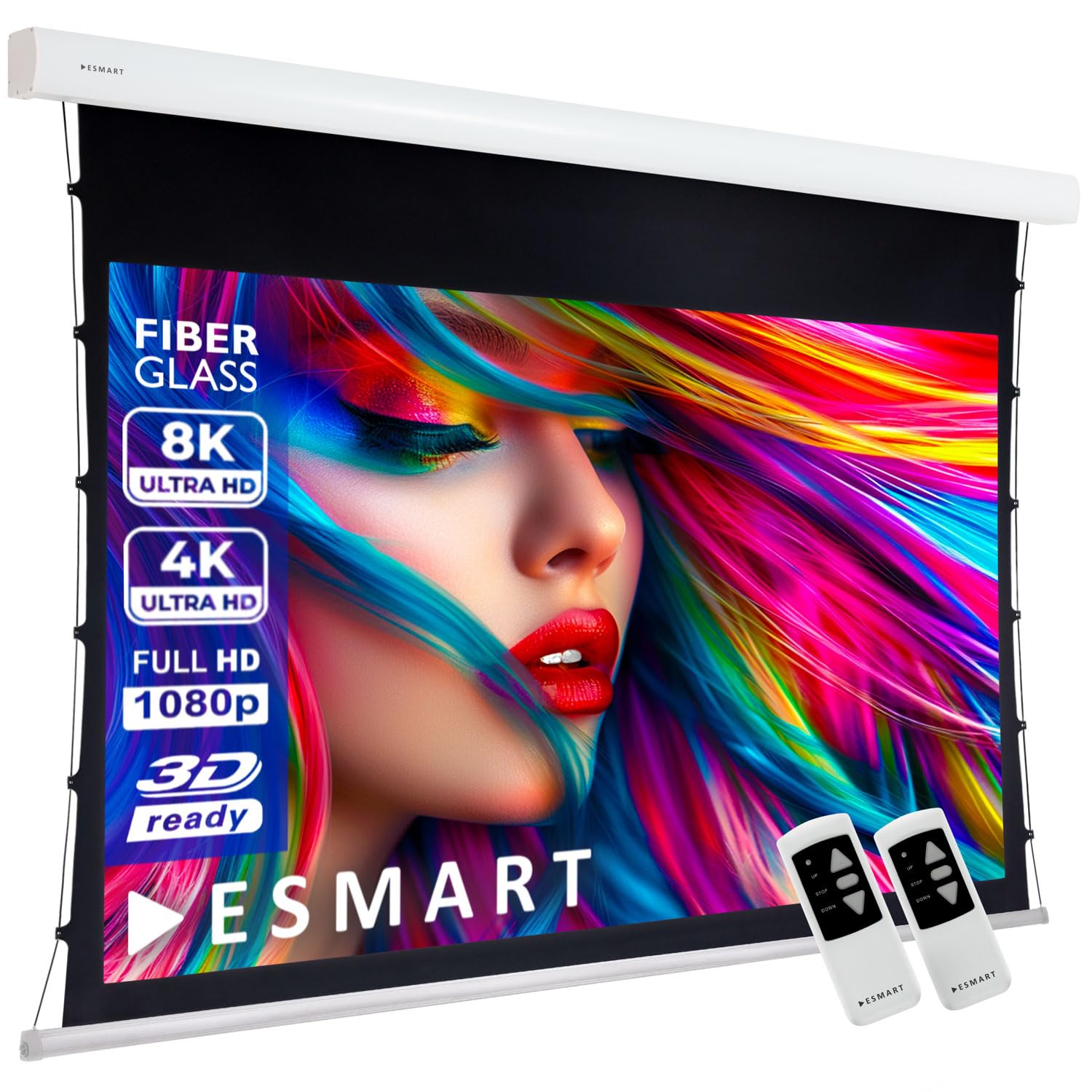 ESMART Expert XTS Pantalla tensada, Ancho Total 222 cm, Tela: Blanca | Área de proyección 186 × 105 cm, formato 16:9, tela blanca para cine en casa y presentaciones, mando a distancia
