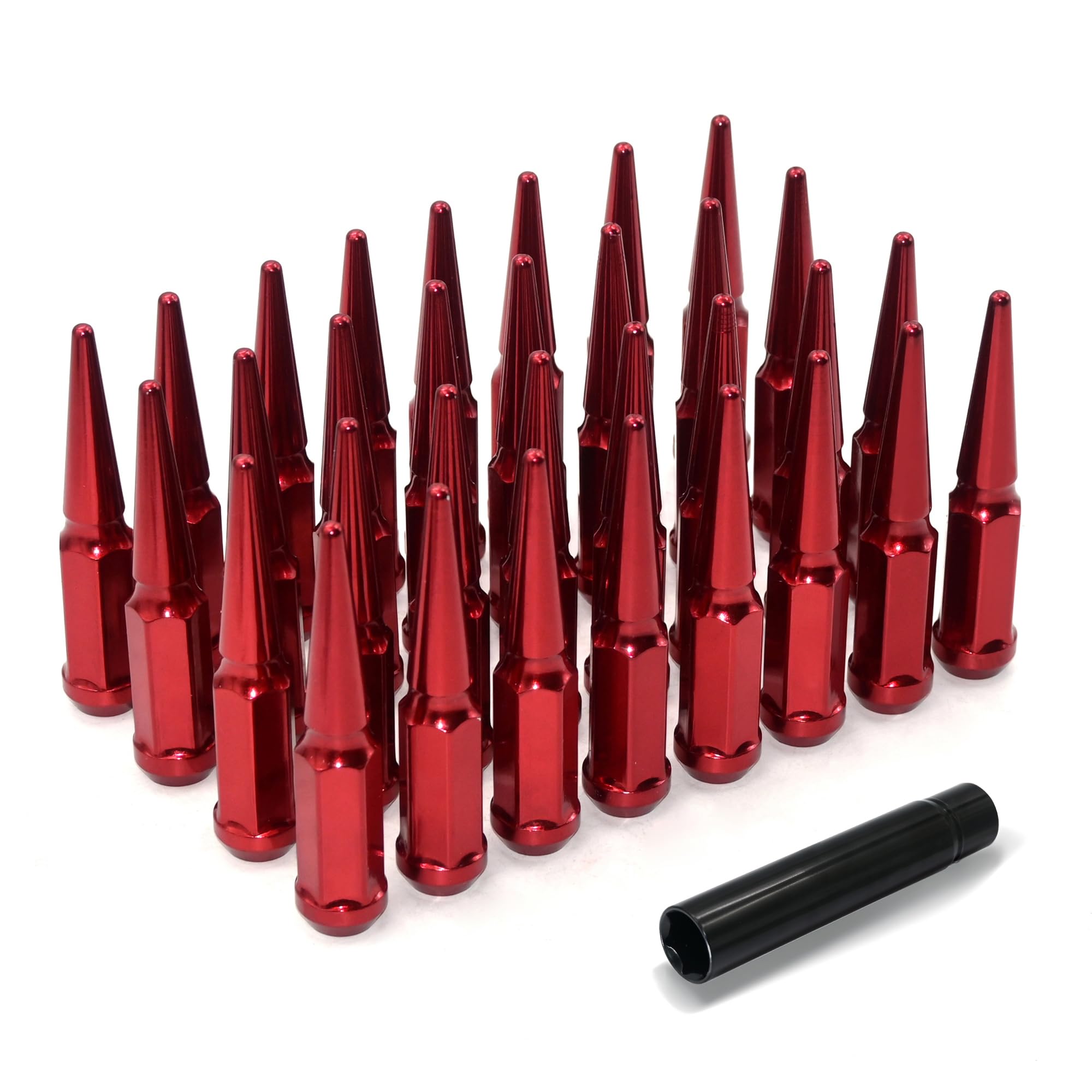 LUJIANI M12X1.5 Red Wheel Spike Lug Nuts, 32 PCS Lug Nut Wheel Accessories with 1 Socket Key, Thread Spiked 4.4" Long Closed End Nuts Compatible with