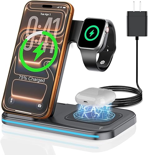 [Qi] 3 in 1 Charging Station for iPhone, 21W Wireless Charging Station, Stand Multiple Devices for Apple, for iPhone 17 16 15 14-8 Pro Max, Watch, AirPods 4 3 Pro, Nightstand, Desk, Trip, Gift