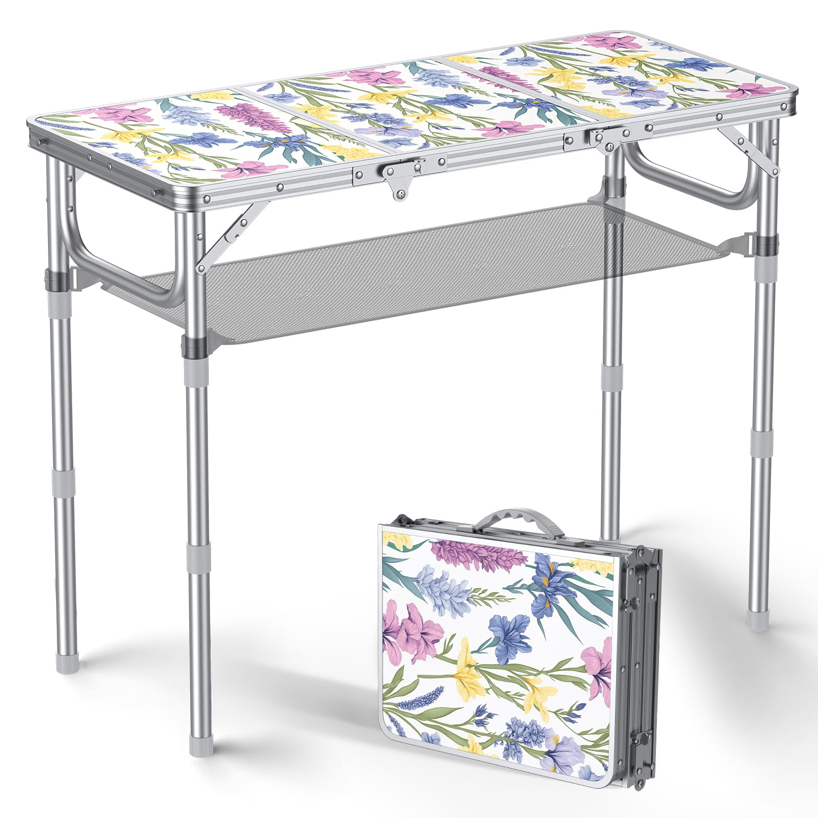 Anbte Table de Camping Pliante, Pique-Nique Table Pliante avec Rangement Net Table Portable 3 Hauteur en Aluminium+MDF pour Extérieur/Intérieur Plage Camping (Fleur)